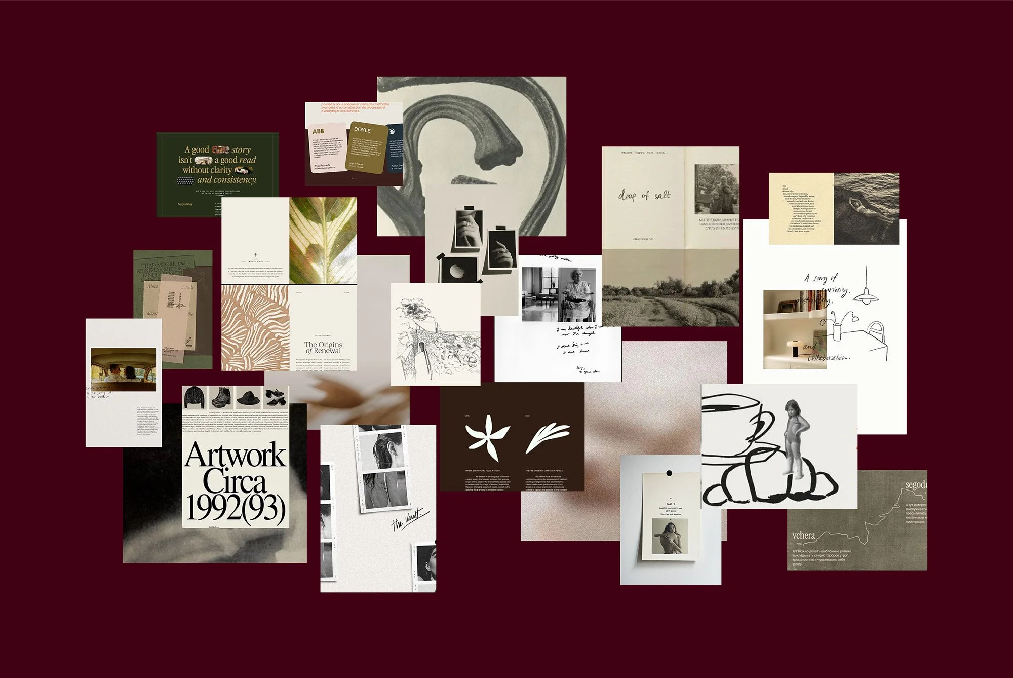 Collage of assorted artistic and literary elements with sketches, typewritten texts, abstract designs, and nature images on a burgundy background.