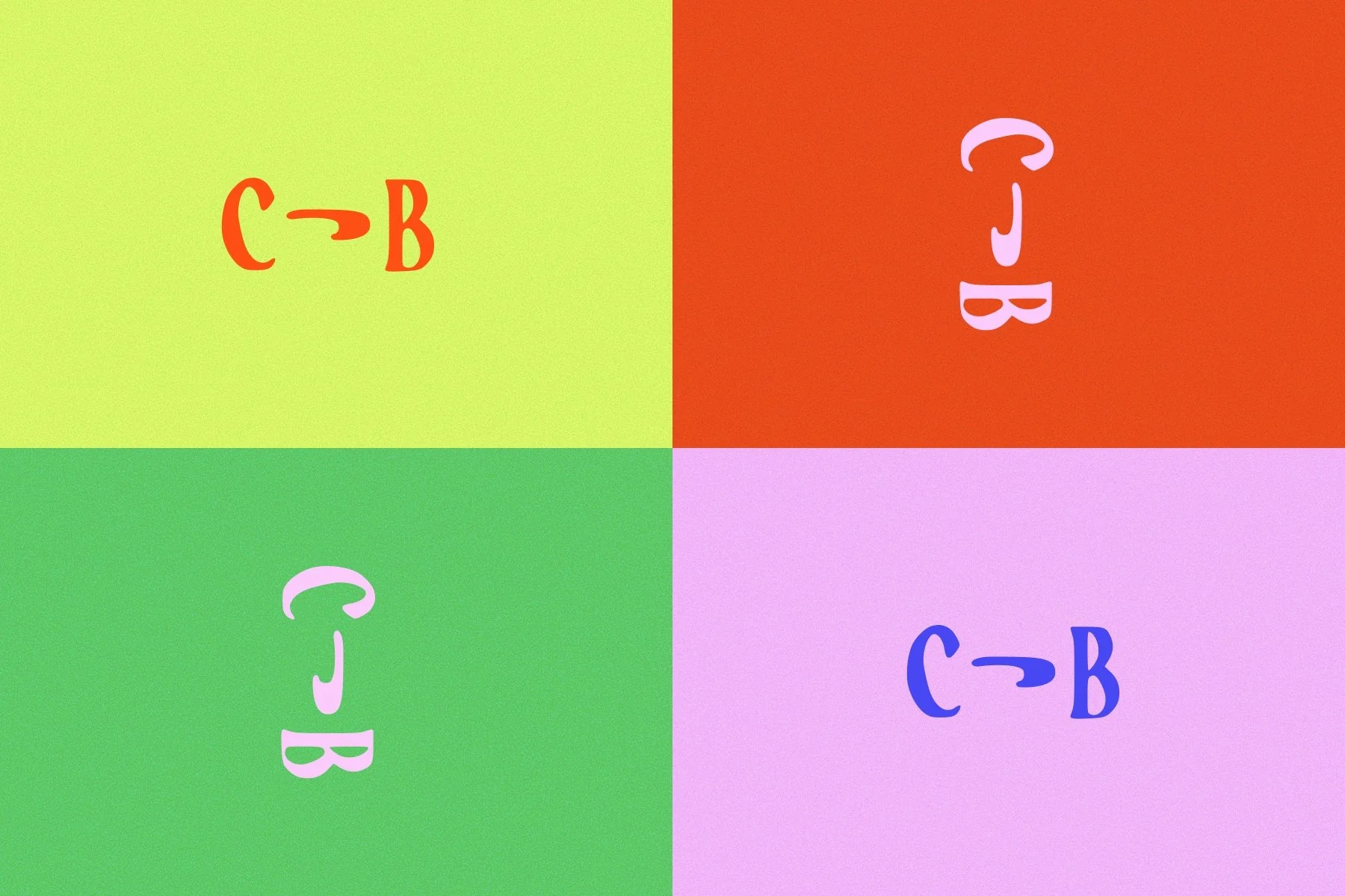 Colorful grid with four quadrants, each featuring different letters and symbols in varying colors and backgrounds.