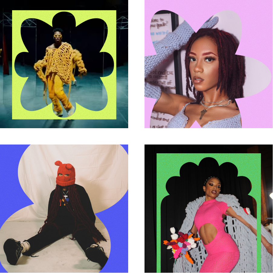 Collage of four photos featuring women in fashion and creative outfits, with colorful backgrounds and decorative frames.