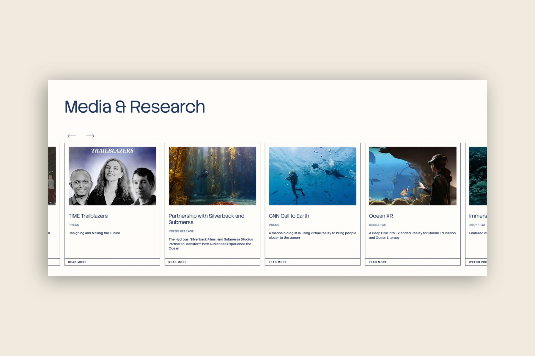 Screen displaying a section titled 'Media & Research' with a horizontal carousel of research projects related to ocean exploration and marine biology, including images of divers, sea creatures, and underwater scenes.