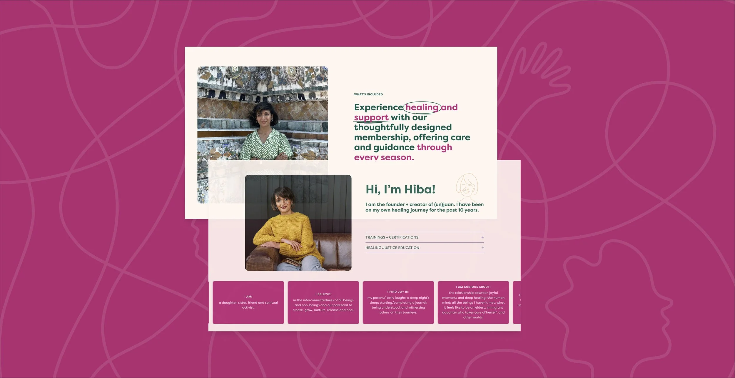 A digital webpage with a pink background featuring a profile of a woman named Hiba. The page includes two photos of Hiba, one where she has dark hair and is wearing a green patterned top, and another where she is wearing a yellow sweater. There is descriptive text about her healing journey, the services offered, and her background, along with sections on her beliefs, what she finds joyful, and her curiosity about relationships.
