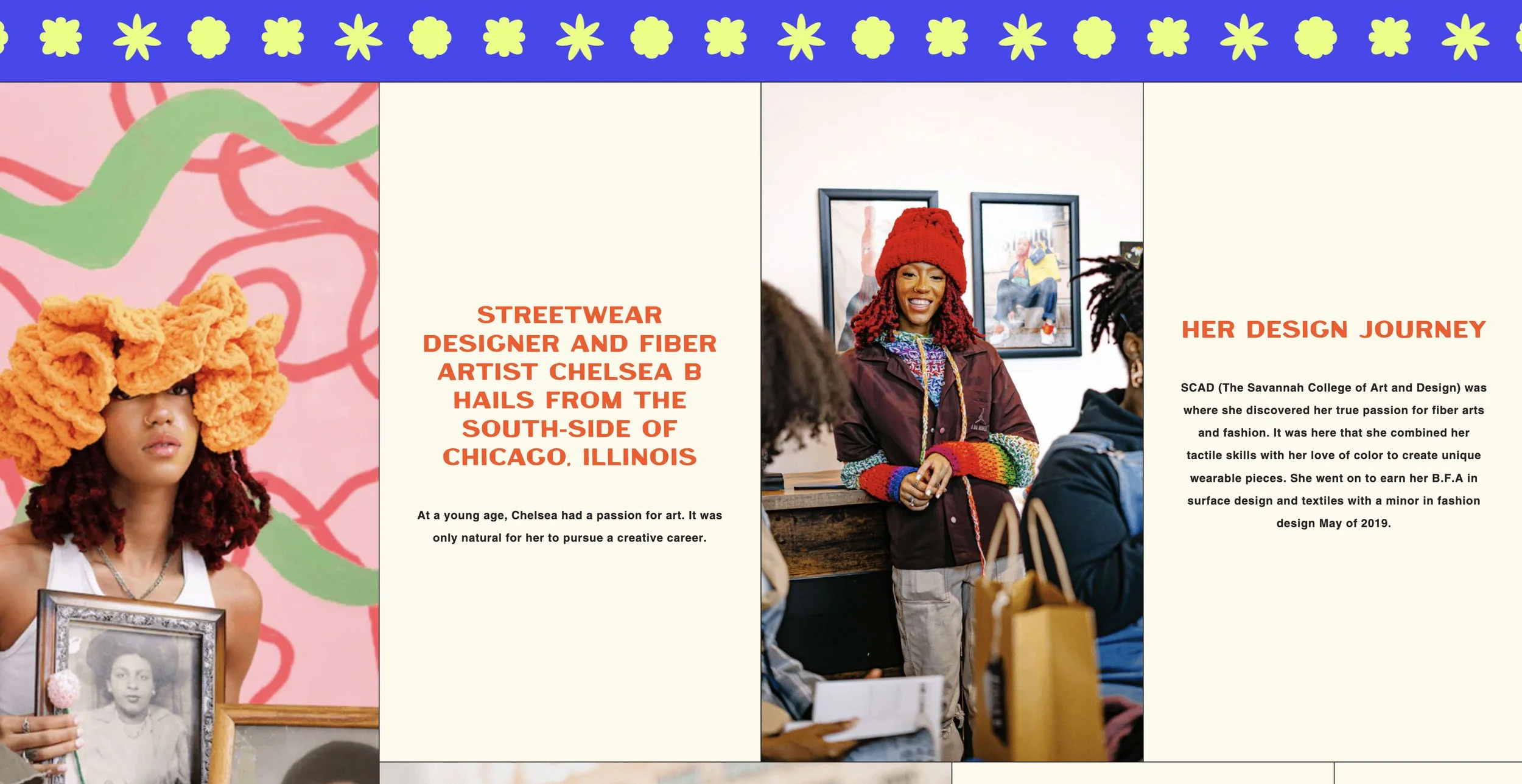 A collage featuring a woman with colorful yarn hair holding a framed black-and-white photo, alongside a group of people at an art event. The background includes a pink pattern with green and red abstract shapes, and text describing her background as a streetwear designer and fiber artist from Chicago.