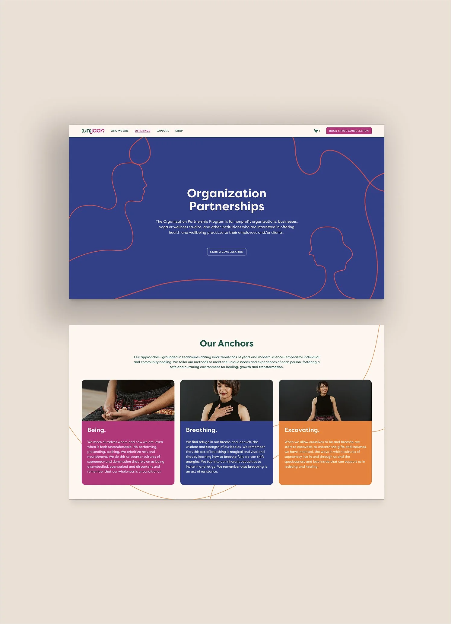 A website showing offerings for organization partnerships with sections about anchors: being, breathing, and excavating, each with a brief description and image of a woman.