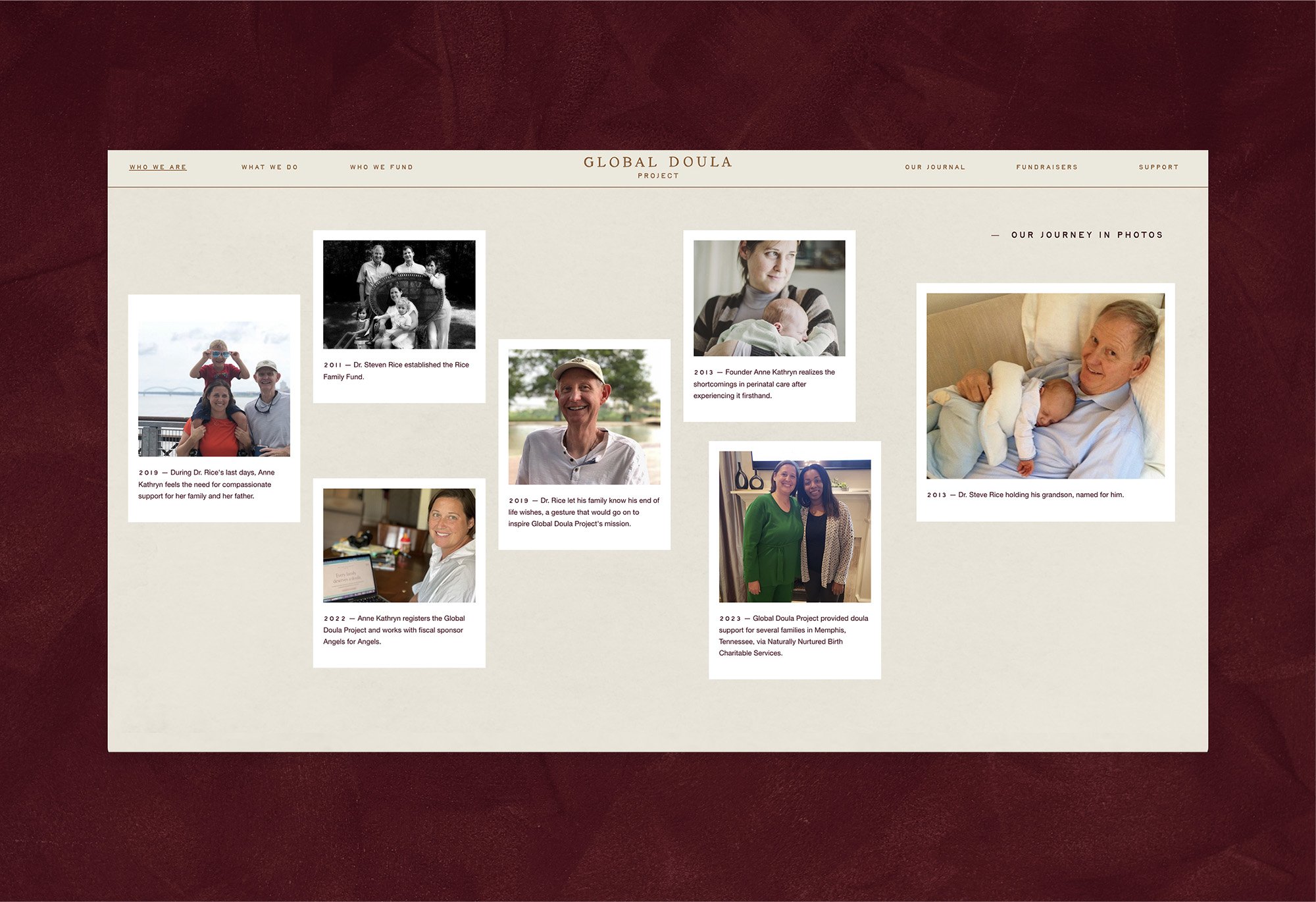 Collage of photos and captions depicting the Global Doula Project's journey with images from 2011 to 2023. Includes notable events like the establishment of the Rice Family Fund, realizations about perinatal care, and moments of doula support for families.