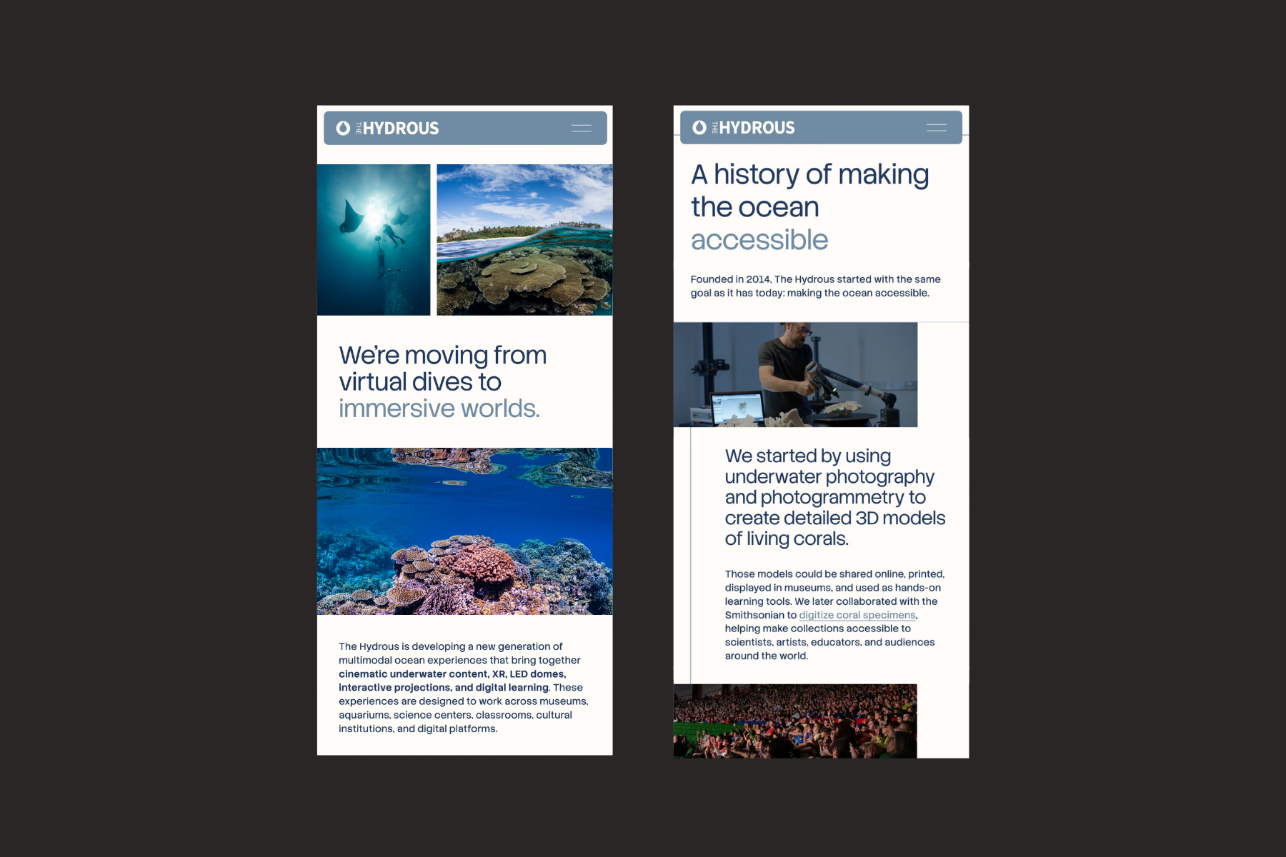 Two digital informational displays about ocean exploration and conservation. The first screen highlights underwater and coral images with text about virtual dives and immersive worlds. The second screen discusses making the ocean accessible through historical and scientific efforts, including underwater photography and digital models.