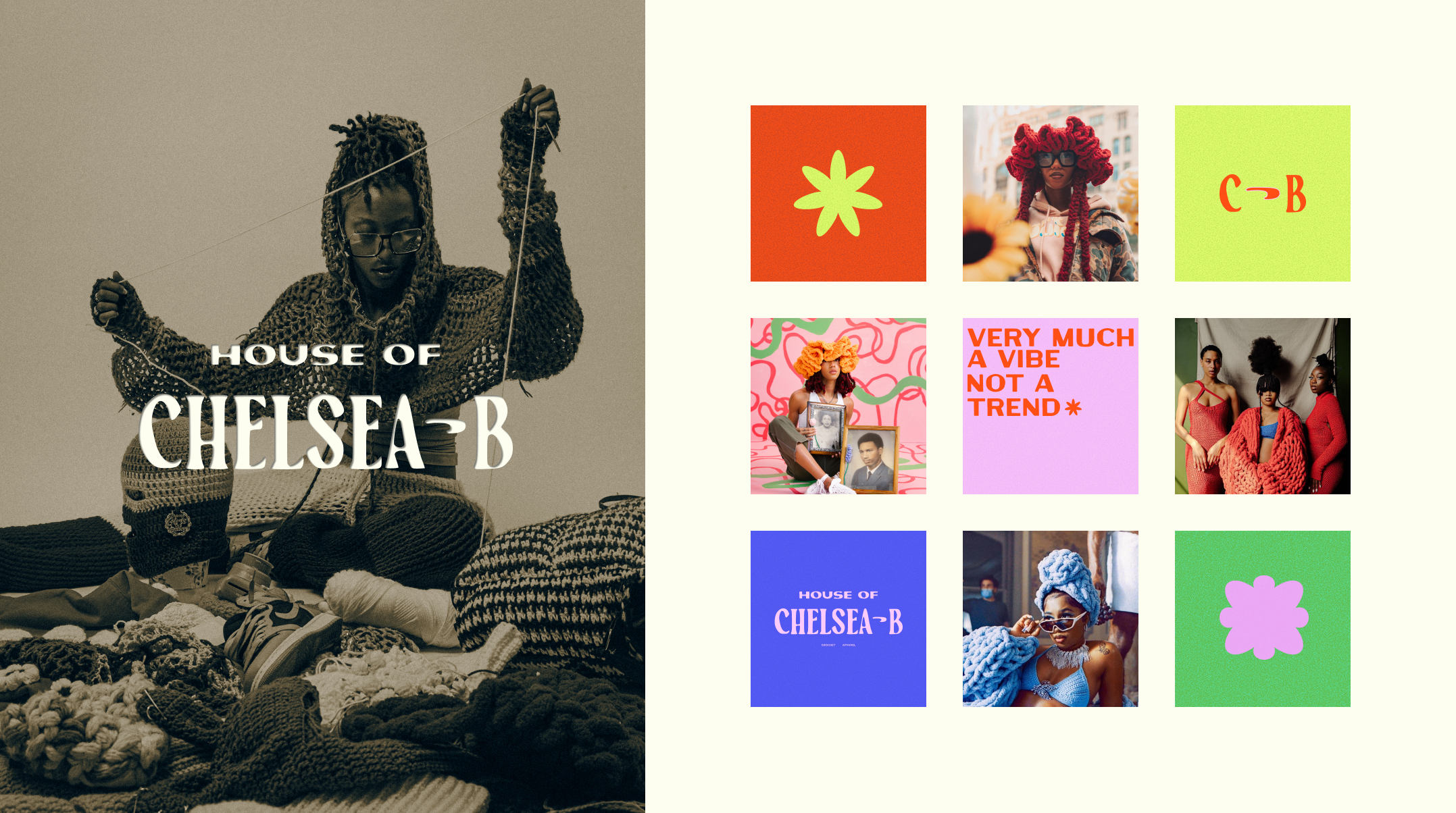 A collage featuring a black and white photo of a woman with glasses knitting, with text 'House of Chelsea-B'. To the right, several colorful blocks with images of women with vibrant hairstyles, fashion, and text including 'Very Much a Vibe Not a Trend' and 'C-B'.
