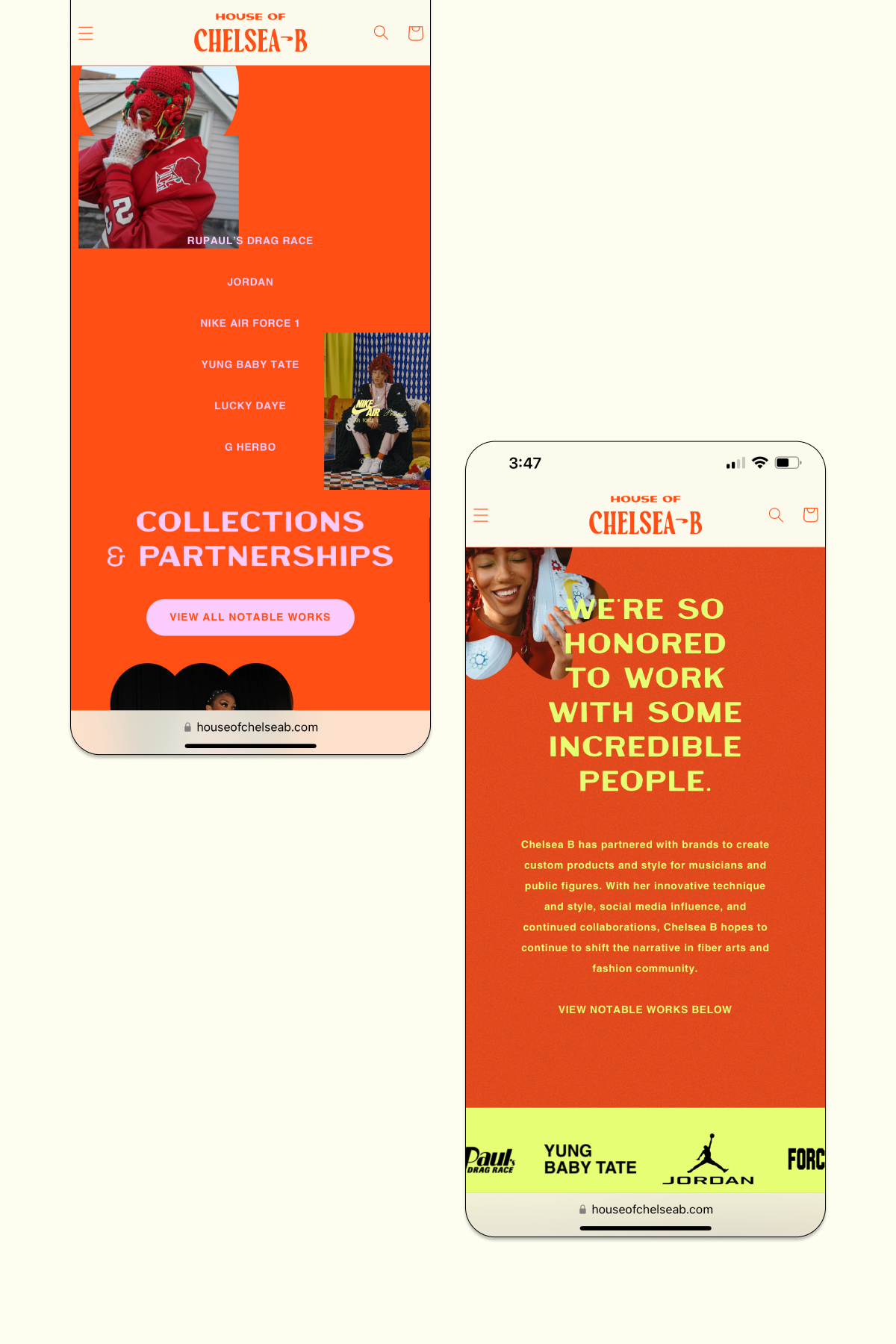Screenshots of the website 'House of Chelsea-B' featuring collections, partnerships, and notable works, with images of individuals and text about collaborations with brands and creative projects.