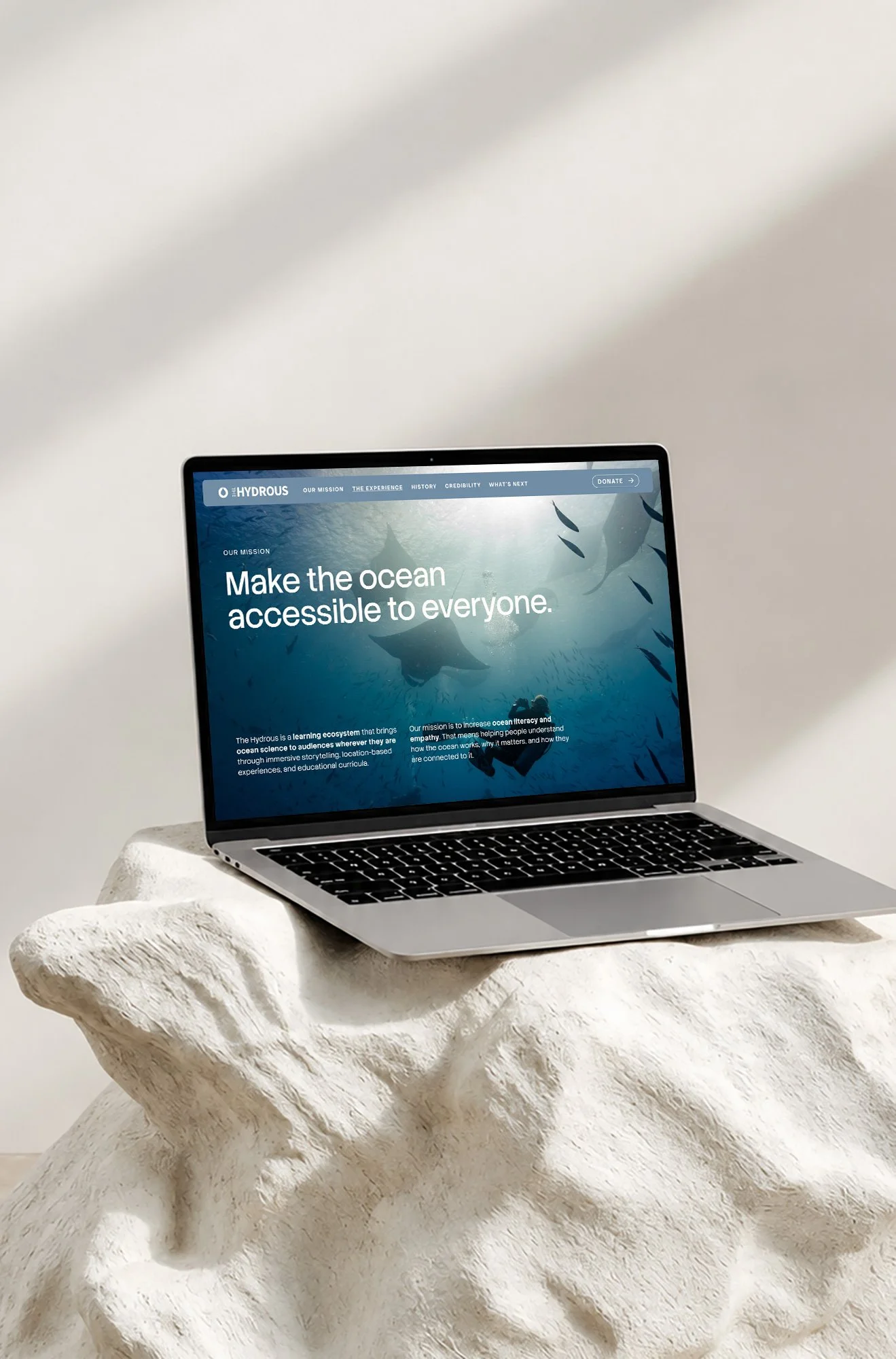 A laptop displaying a webpage about making the ocean accessible to everyone, placed on a textured, white surface against a plain wall background.