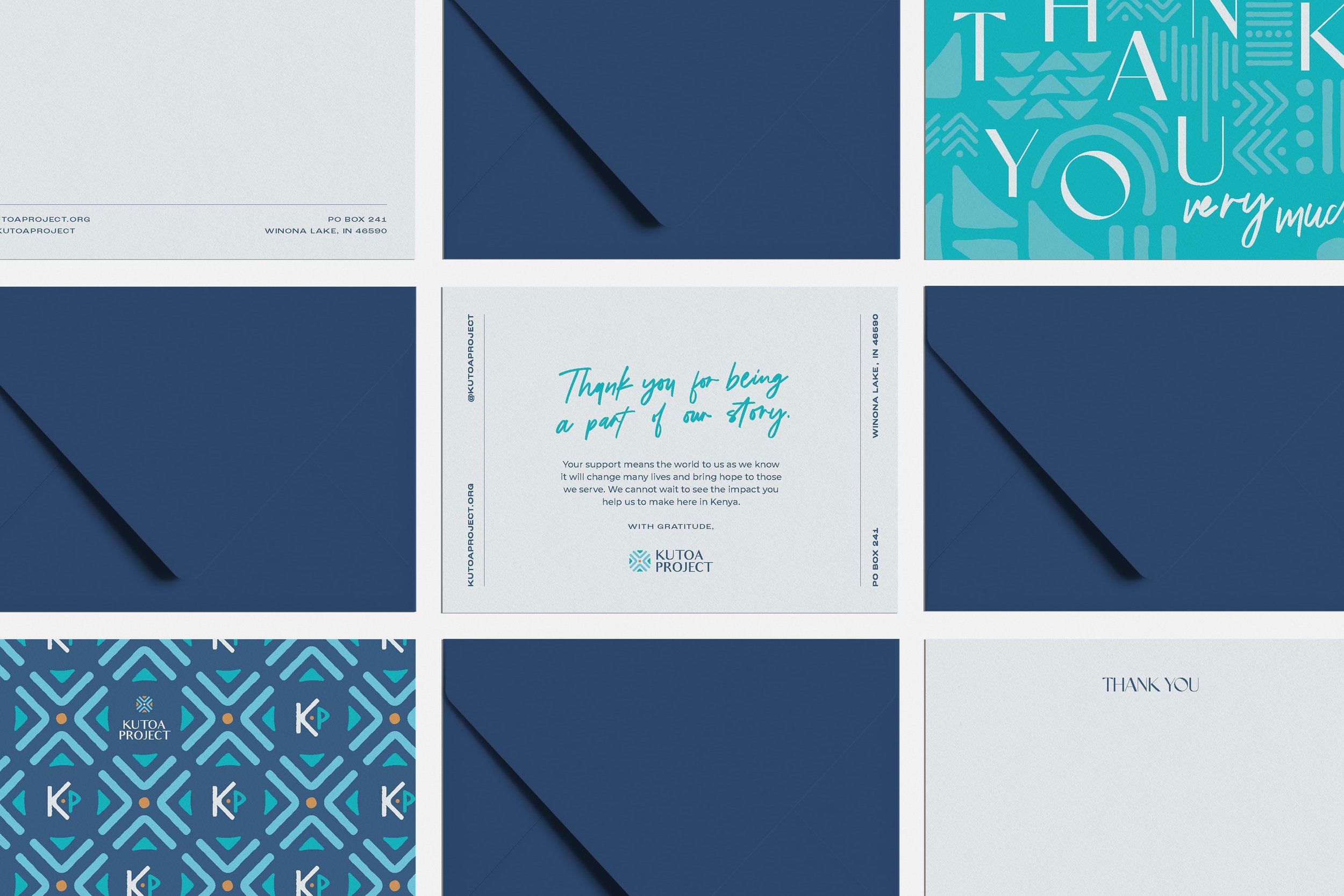 A collage of thank you cards and envelopes featuring blue and white geometric and patterned designs, with messages expressing gratitude.
