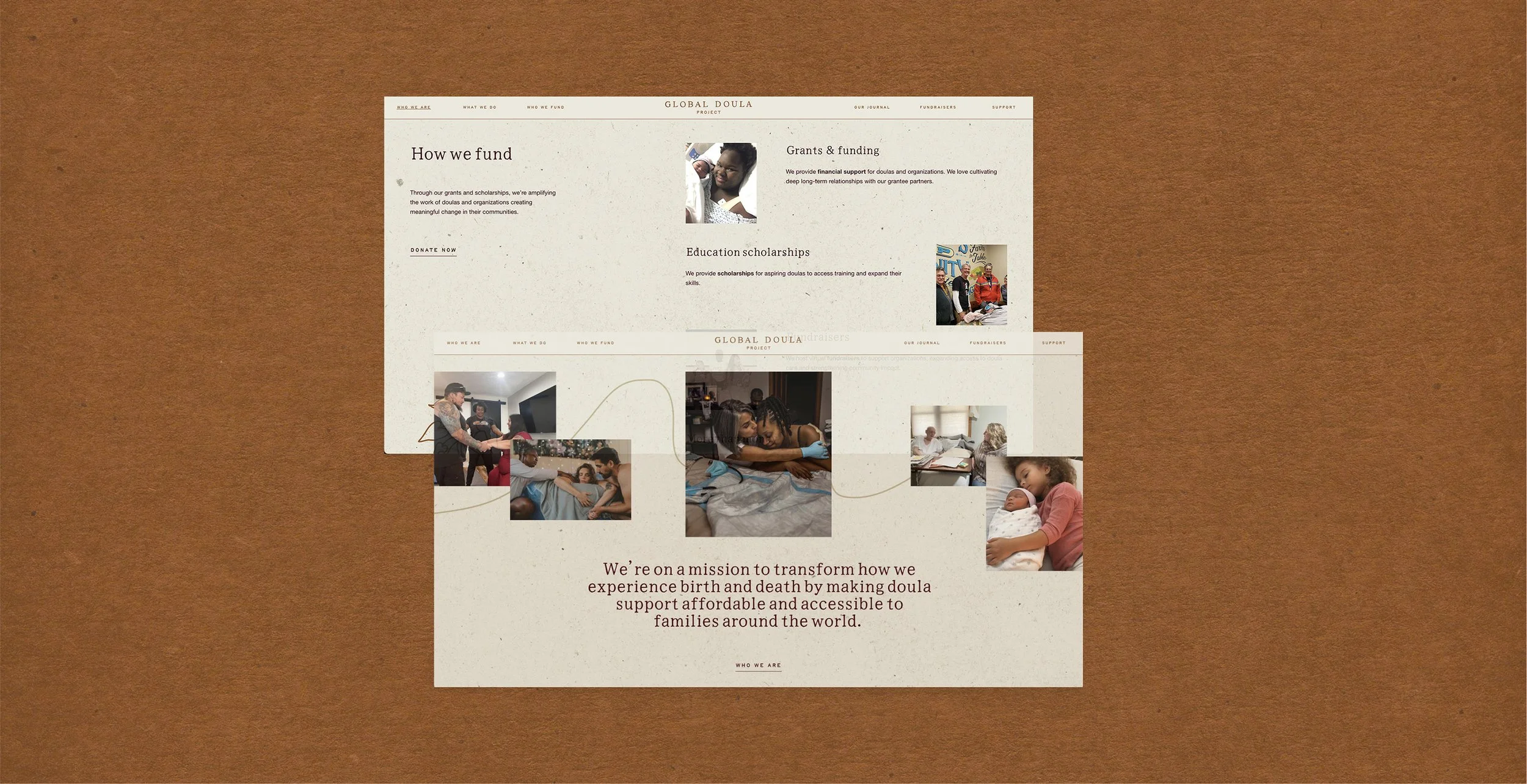 Website page for Global Doula Project, describing how they fundraise through grants, scholarships, and donations, with images of children and adults providing care and support.