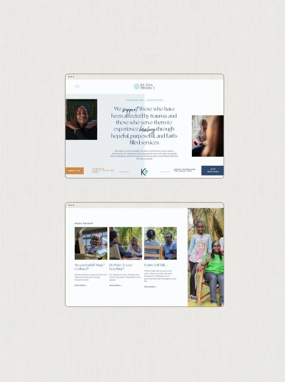 Screenshots of a website related to trauma support and counseling. The first screenshot shows the homepage with a message about supporting trauma-affected individuals and a photo of a woman, with navigation buttons. The second screenshot displays a blog or articles section with titles about dealing with fear, love, and self-talk, accompanied by images of people in discussion and smiling outdoors.