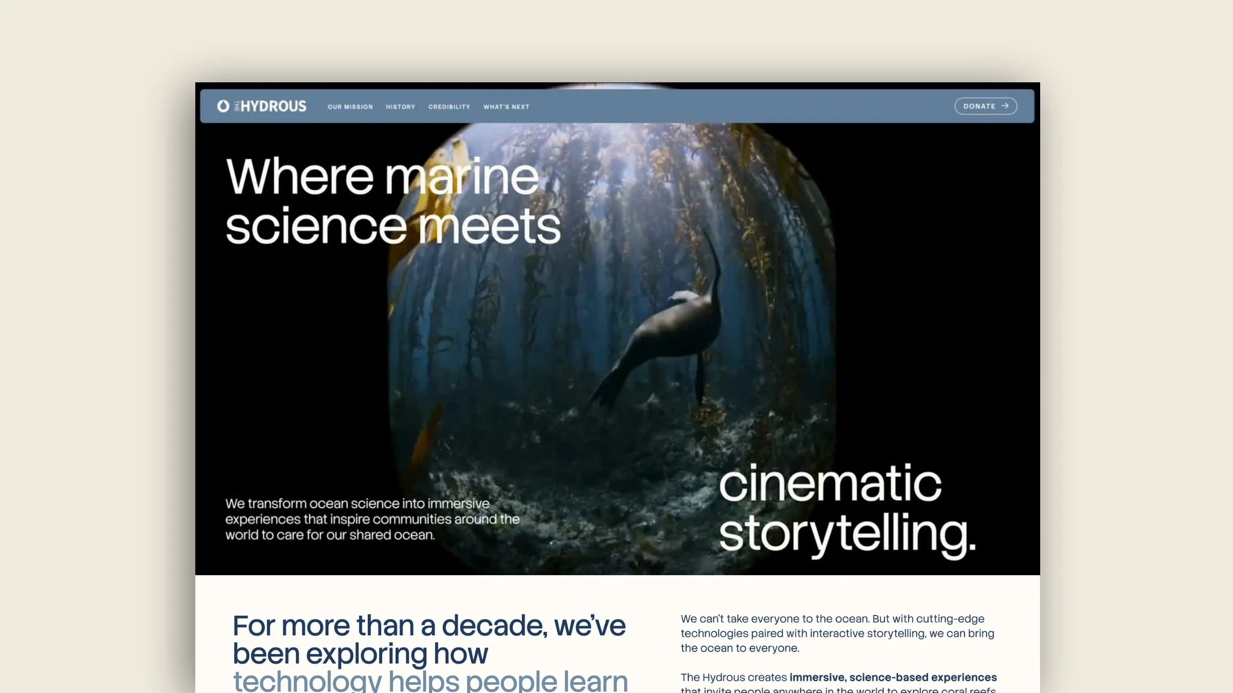 Screenshot of a website titled "Where marine science meets cinematic storytelling" featuring an underwater scene with a marine animal, possibly a whale, amid seaweed.