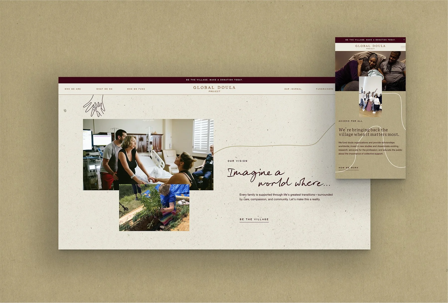 Website layout for Global Doula Project showcasing sections on their vision and mission, along with images of people in caring settings, emphasizing community support.