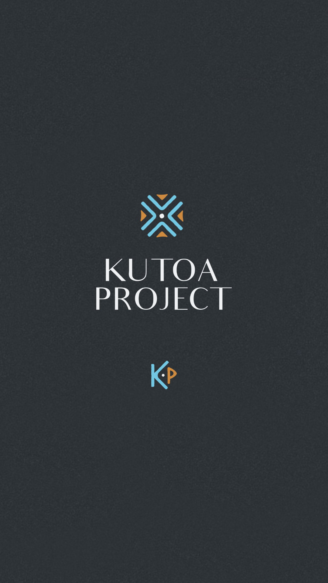 Dark grey background with the text 'Kutoa Project' and a small graphic logo above it, consisting of blue and orange elements, with a smaller version of the logo and initials 'KP' at the bottom.