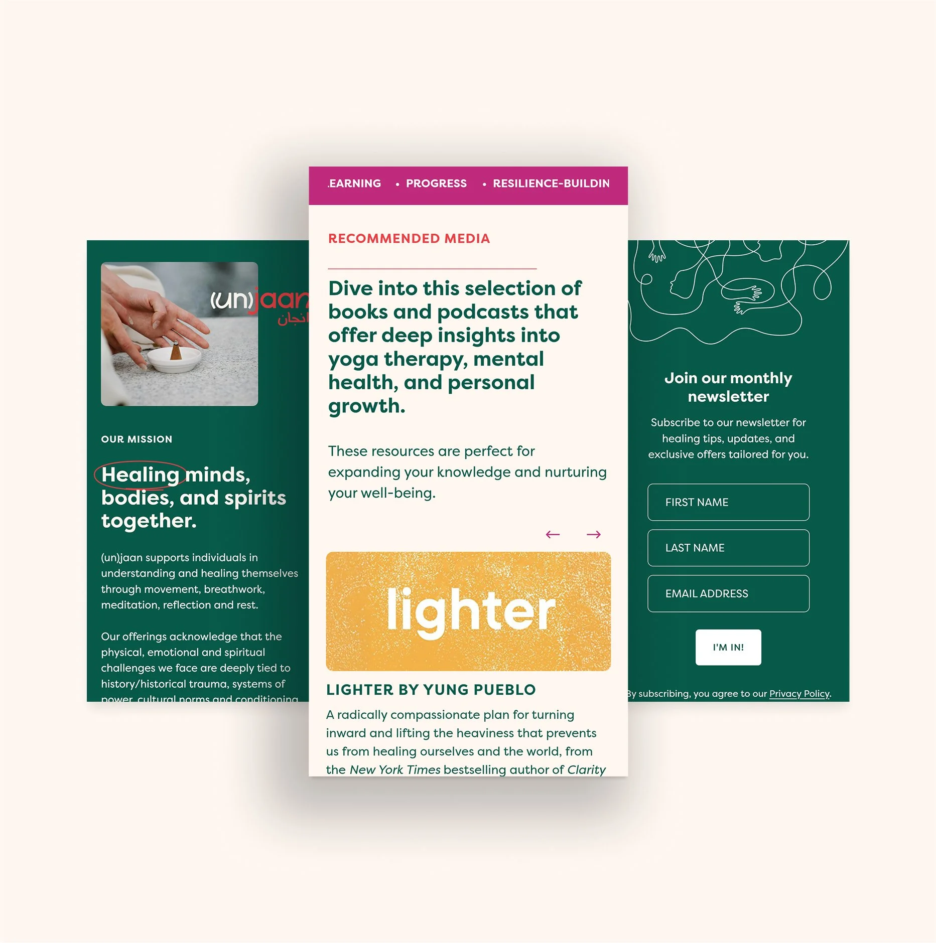 Three overlapping newsletter and media recommendation cards about yoga therapy, mental health, and personal growth, with a subscription form on the right side.