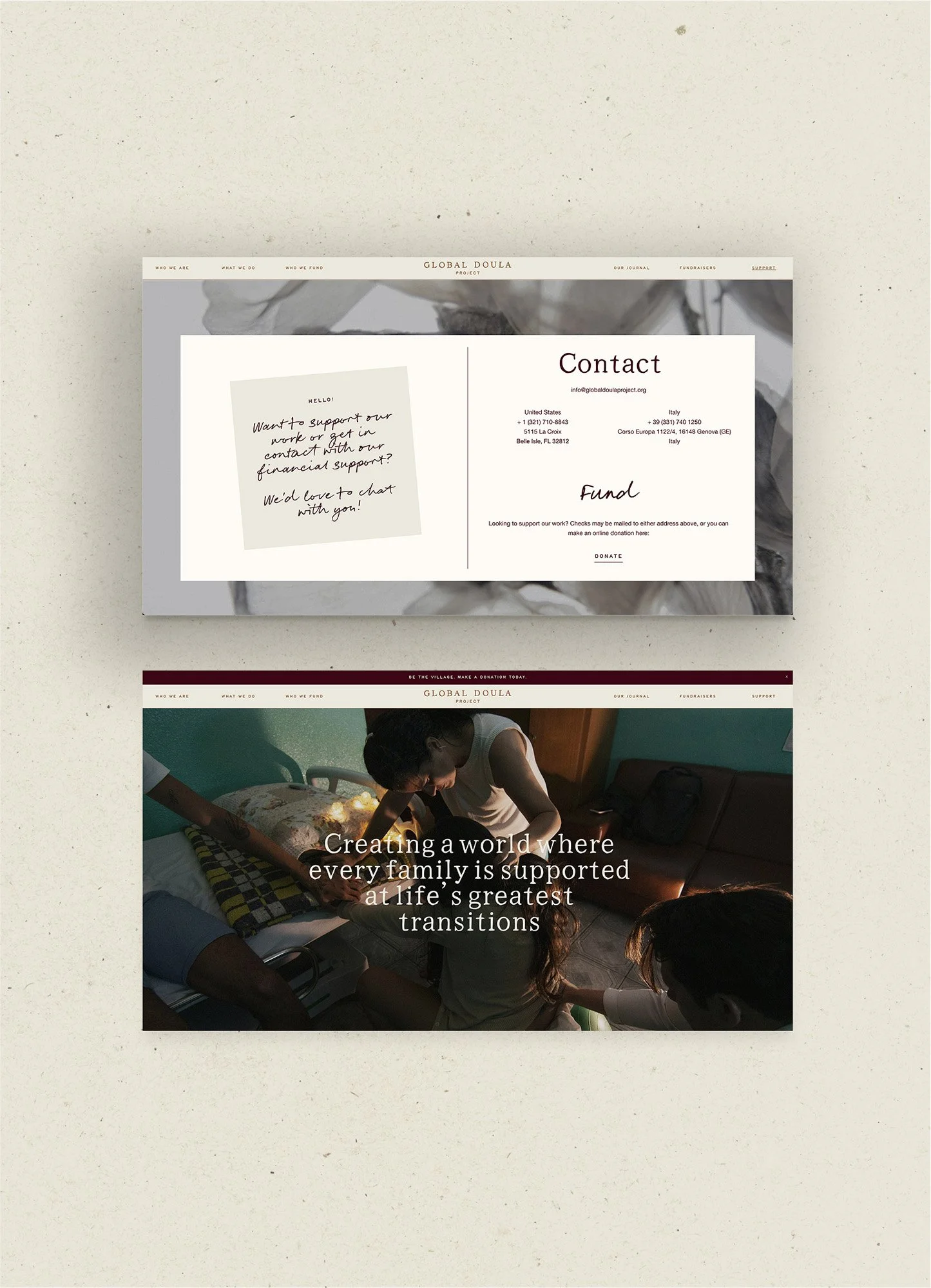 Website design for Global Doula Project with contact information and a mission statement. The top section includes a note about support and contact details for the United States and Italy. The bottom section features an image of a family with the statement, 'Creating a world where every family is supported at life’s greatest transitions.'"