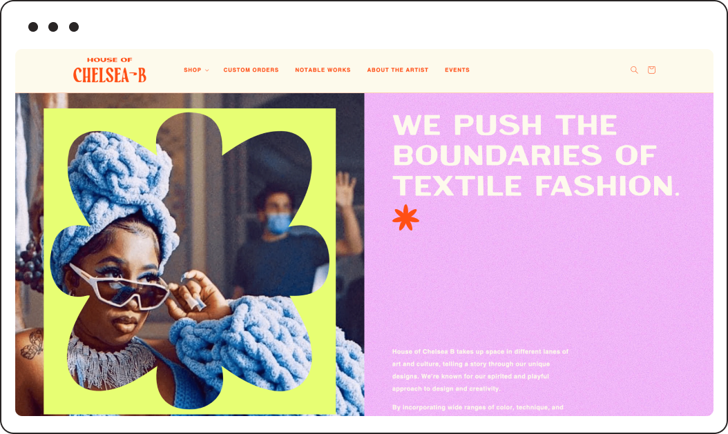 Screenshot of a website called 'House of Chelsea B' featuring a woman with a blue towel turban and sunglasses, with a purple background and white text that says, 'We push the boundaries of textile fashion.'