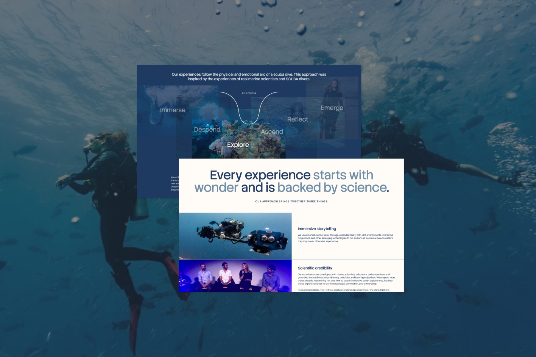 Underwater scene with scuba divers, underwater drone, and informational overlay about marine experiences, science, and storytelling.