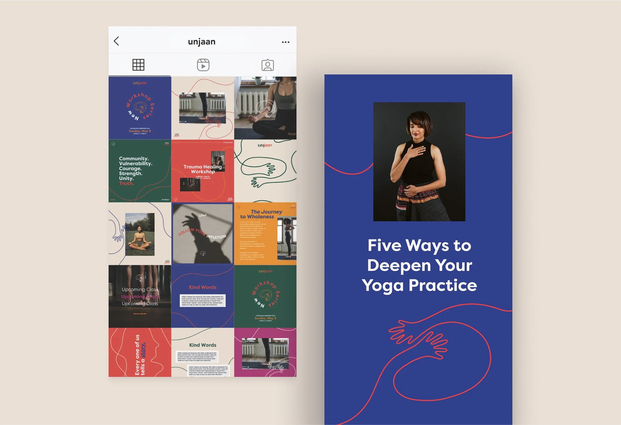 A collage of Instagram posts on the left side, with topics related to yoga, trauma healing, and community, and a blue informational booklet titled 'Five Ways to Deepen Your Yoga Practice' on the right side, featuring a woman in a yoga pose on the cover.