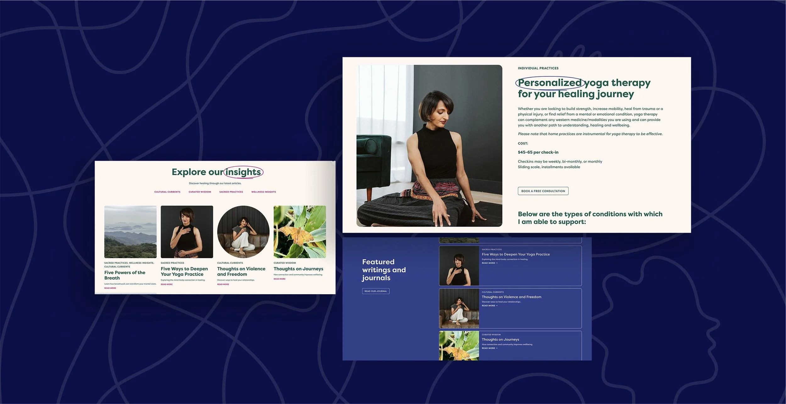 Digital webpage mockups with articles about yoga therapy, insights, and journals. The main page features a woman sitting on the floor in a yoga pose, with additional images of nature and women practicing yoga.