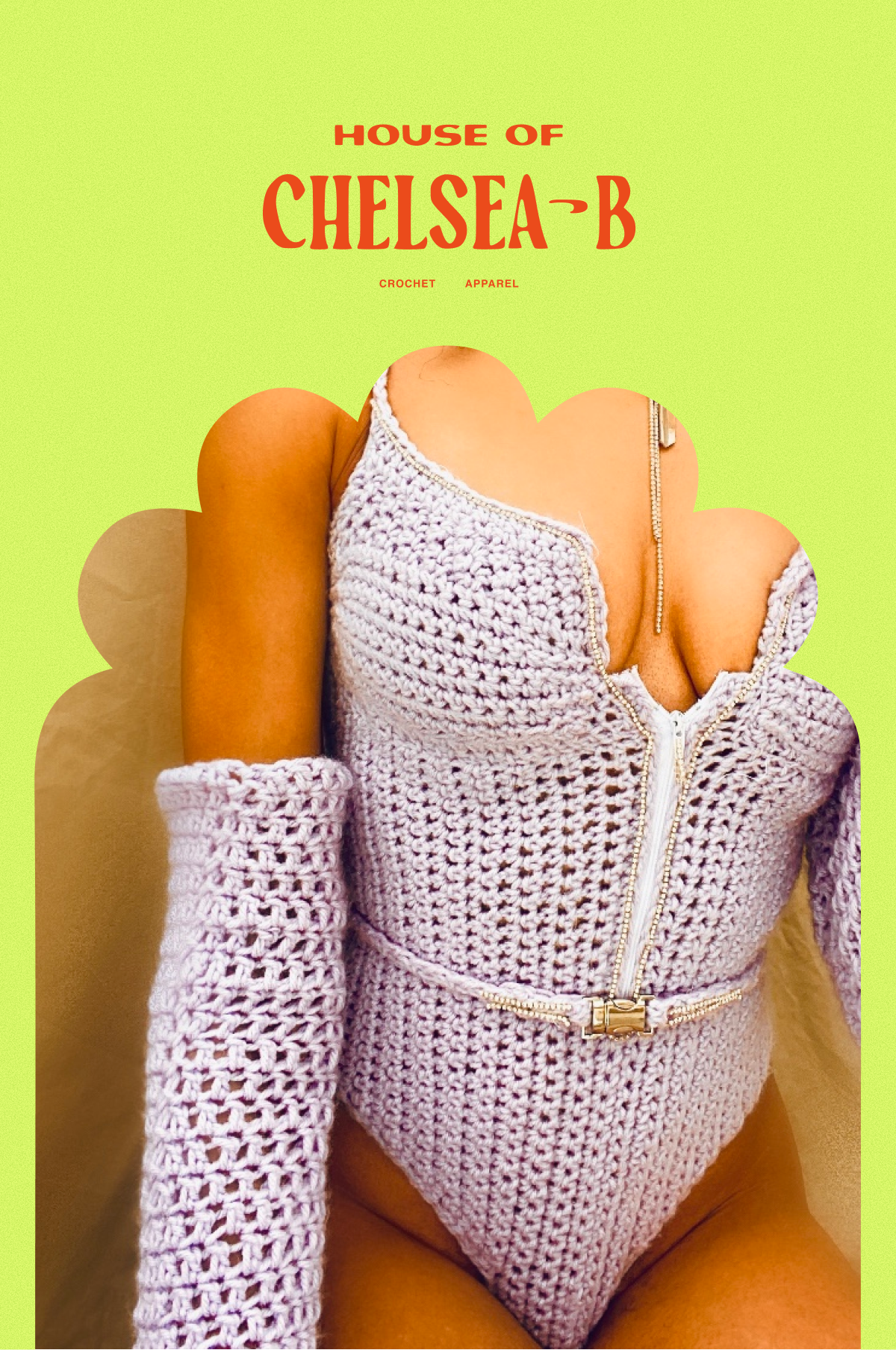 Close-up of a woman wearing a white crocheted outfit with gold zipper and accessories, sitting on a tan leather chair, against a light green background with text "House of Chelsea-B" and words "Crochet" and "Apparel".