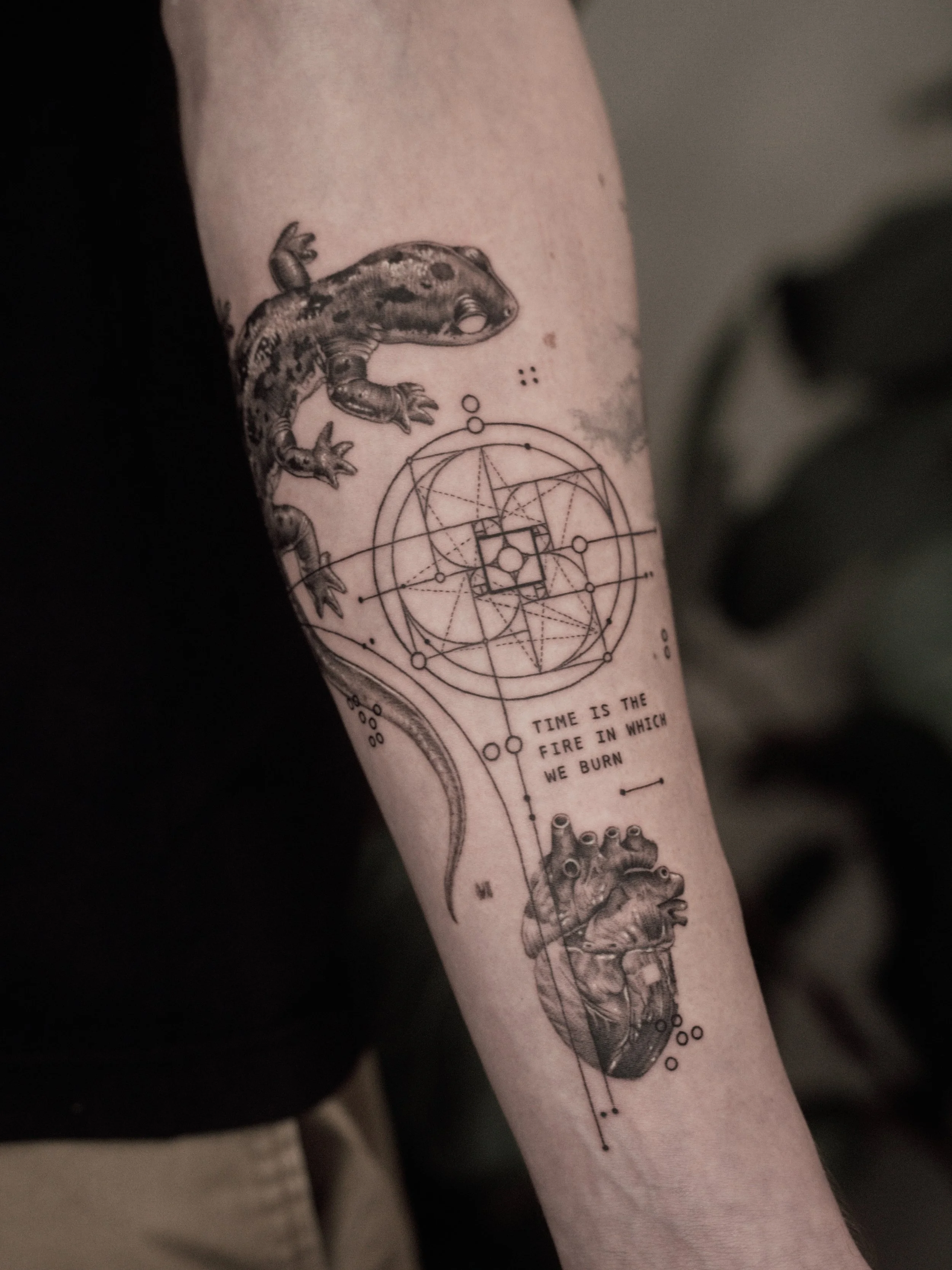 Tattoo of a salamander, geometric shapes, a heart, and the quote 'Time is the fire in which we burn' on a person's forearm.