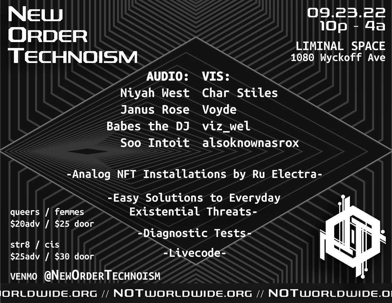 Cultivate a Culture of Internal Enlightenment 
Compromise for a Better VOID
⚙️HAIL DOOM⚙️

10pm - 4am 
21+

venmo @newordertechnoism for tix
link in bio
