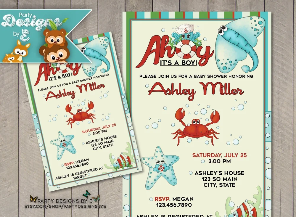 Ahoy It S A Boy Baby Shower Invitation Under The Sea Baby Shower Ocean Sailor Custom Baby Shower Invite Personlized Sting Ray Crab Ekwebdesigns