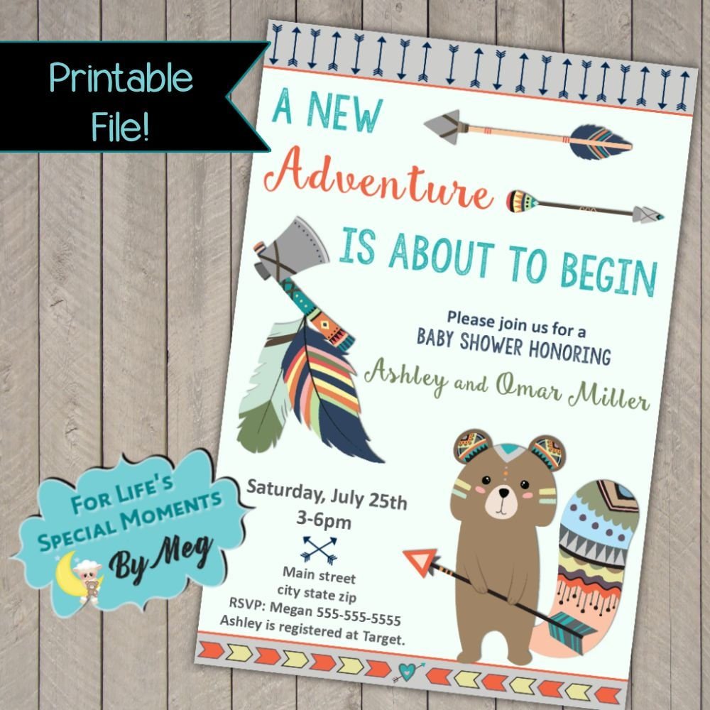Woodland Squirrel Tribal Baby Shower Invitations- Wild - Adventure Begins -  Printable File