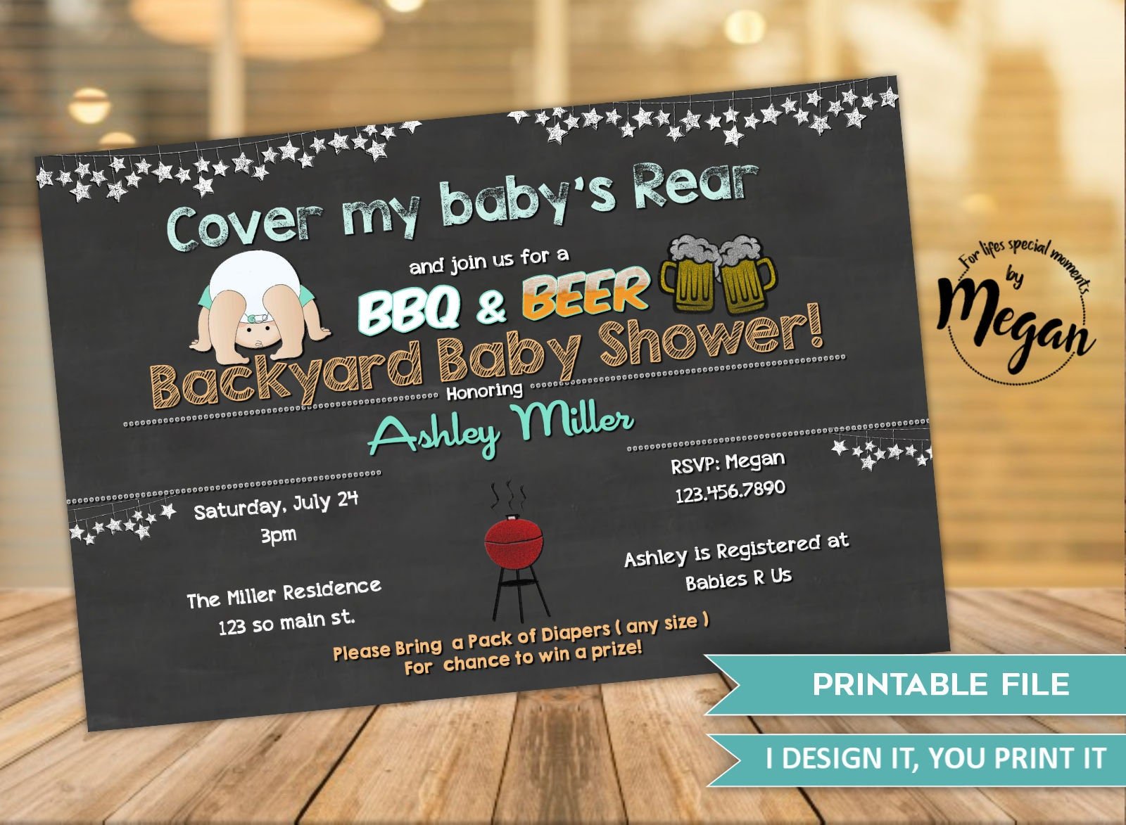 BBQ Baby Shower Invitations, Couples Shower Invitations, Backyard BBQ Baby Shower Invites, Digital file, Cover my Baby's Rear, BBQ & Beer,