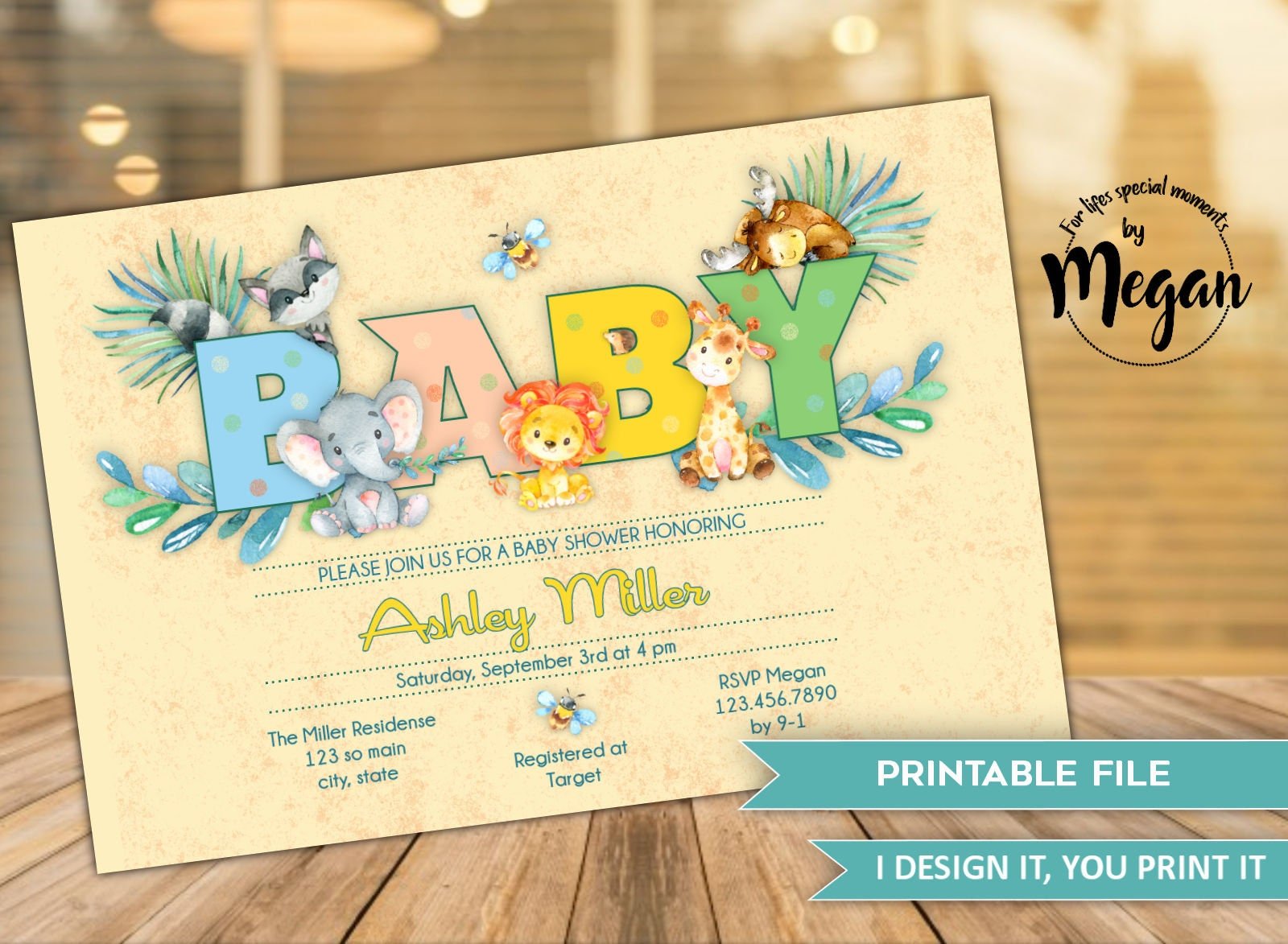 Zoo Animal Baby Shower Invitation, Gender Nuetral, Custom Baby Shower Invite, Woodland, Watercolor Baby Shower, Special Moments By Meg
