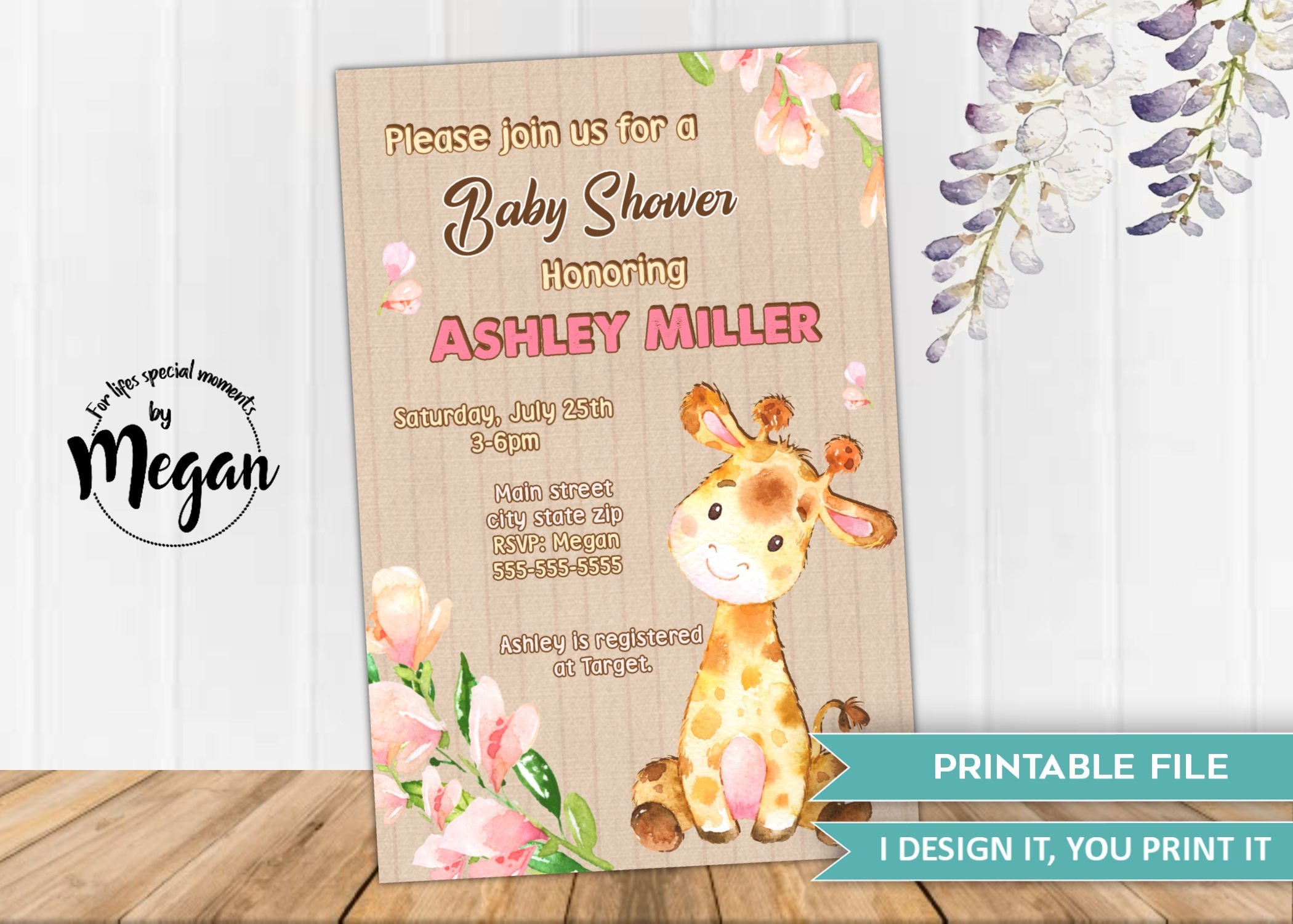Giraffe Baby Shower Invitation For Baby Girl, Custom Invite, Printable File, It's a Girl, Party, Baby Shower, Watercolor Flowers, Pink,