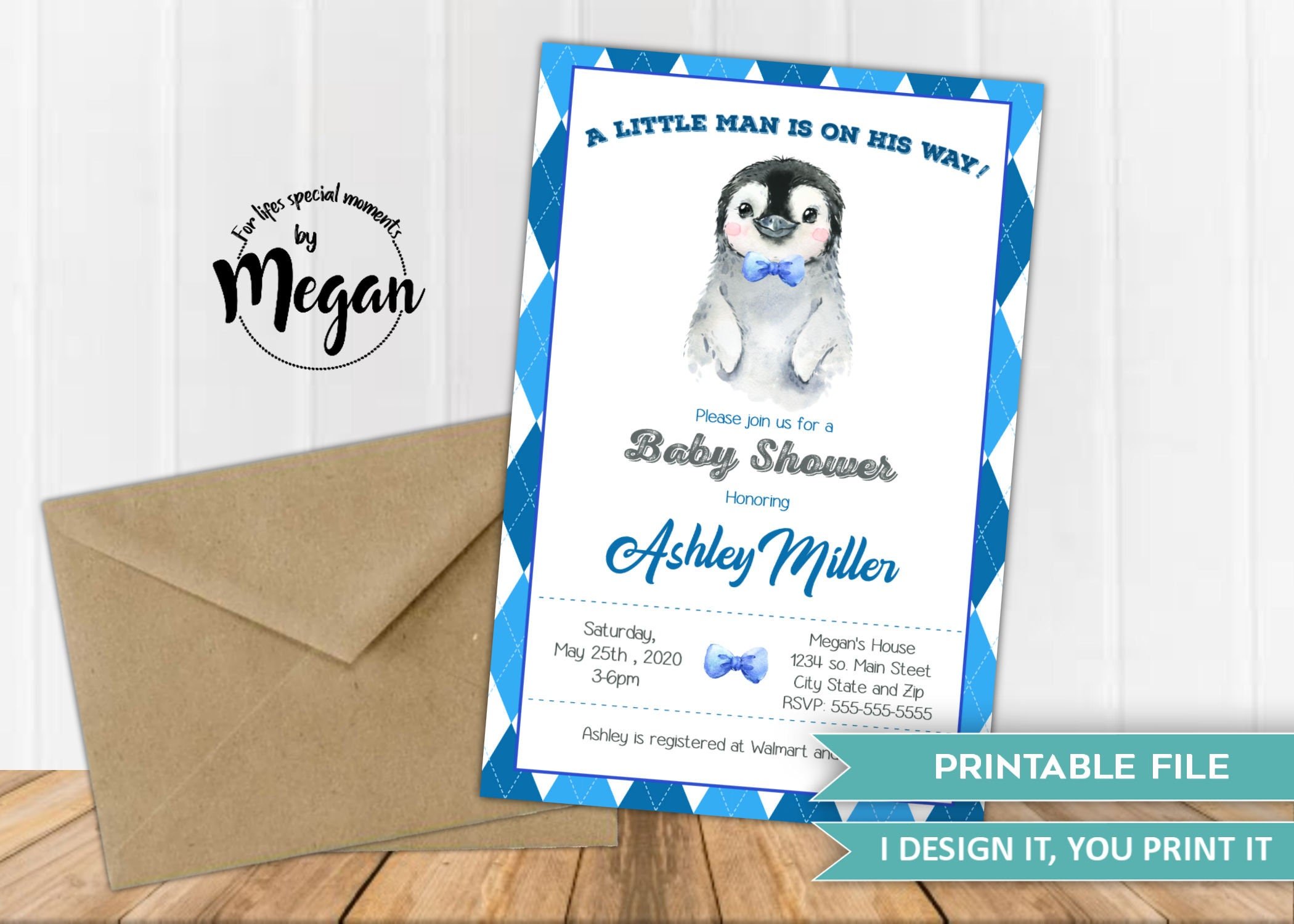 Little Man Baby Shower Invitations, Penguin Baby Shower Invitation, Printable file, Cute little Penguin, Baby Shower Invite, Blue,