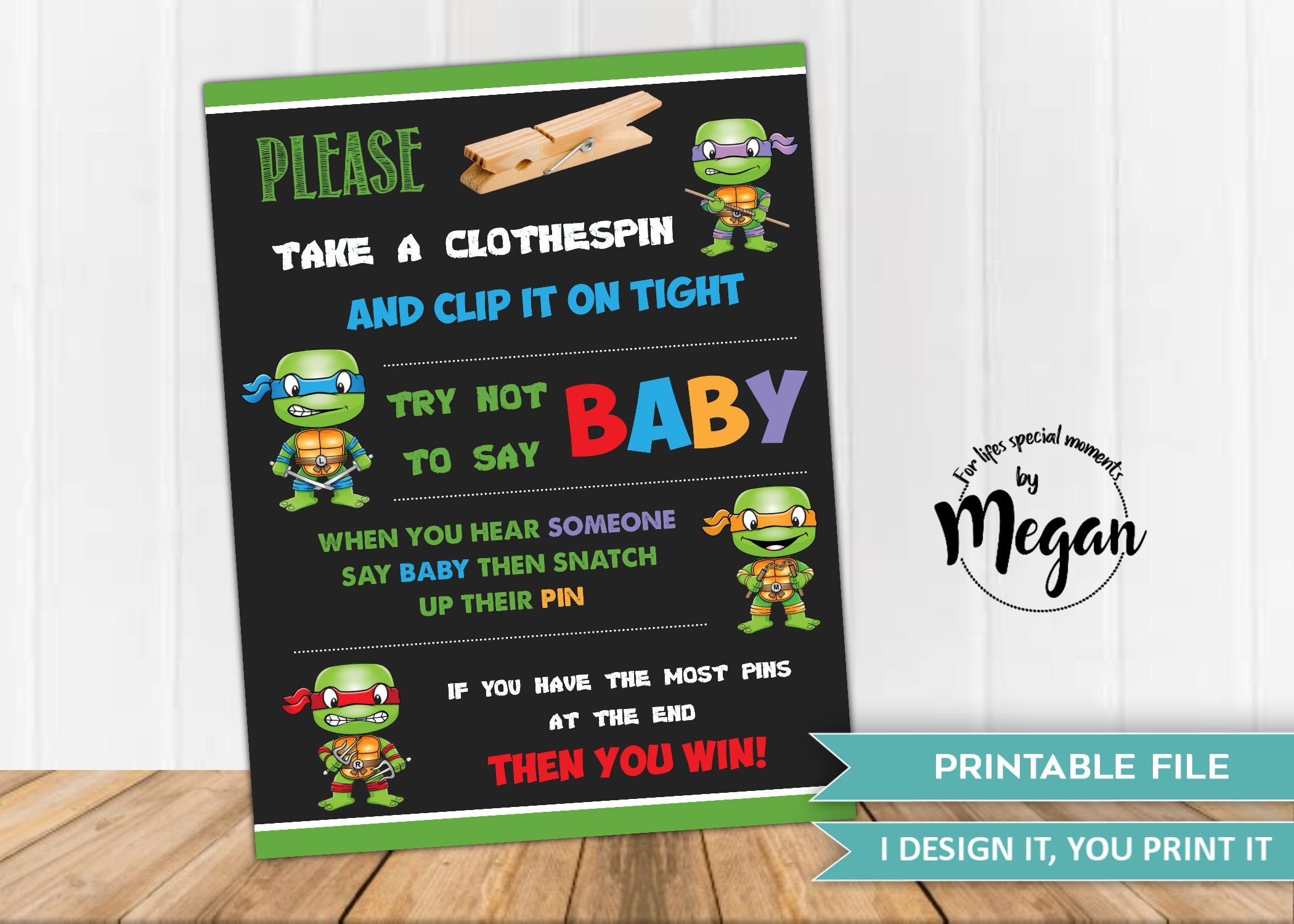 Ninja Turtle Clothes Pin Game Sign Instant Download- Made to Match Ninja Turtle Baby Shower Invitation