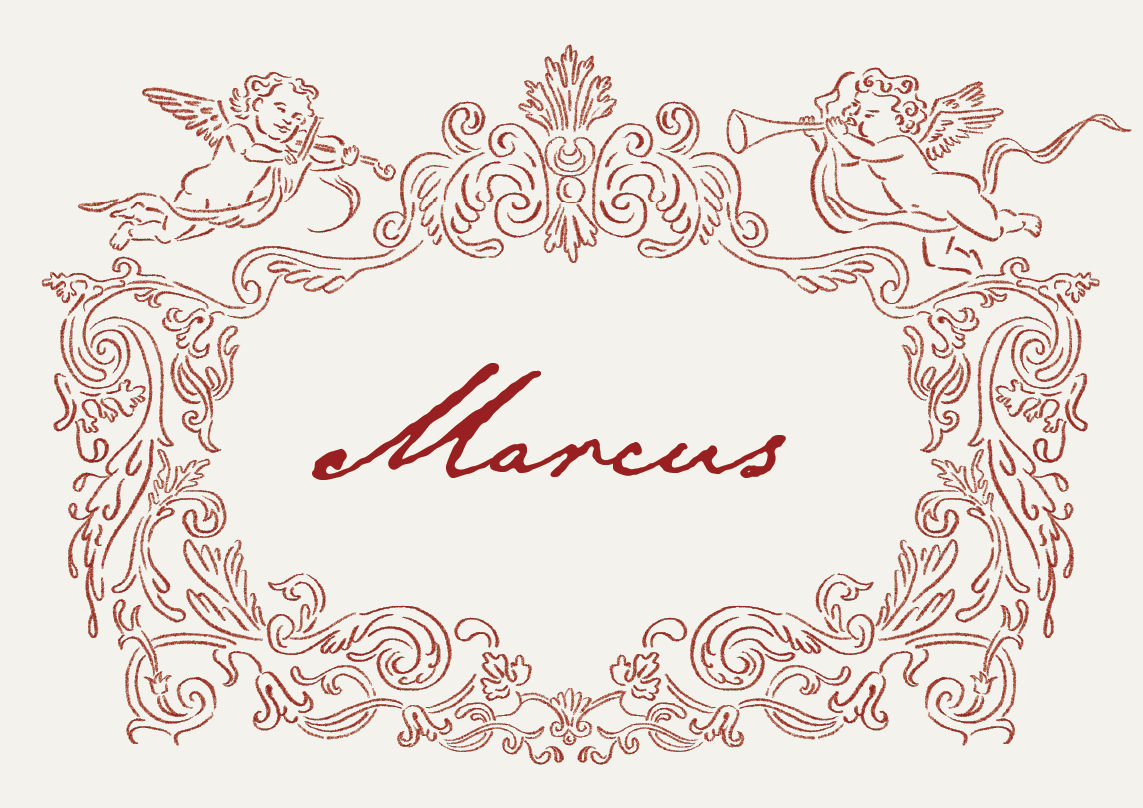 Vintage-style ornate frame with cherubs and floral motifs surrounding the name 'Marcus' in cursive.