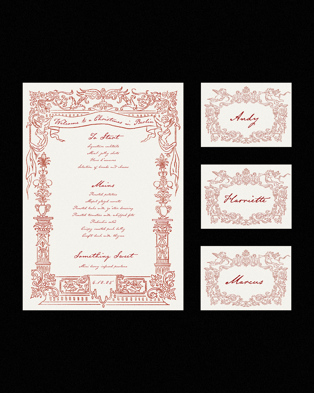 A vintage-style Christmas menu with decorative borders, featuring names and a menu written in red cursive, along with three name cards labeled Andy, Harriette, and Marcus.