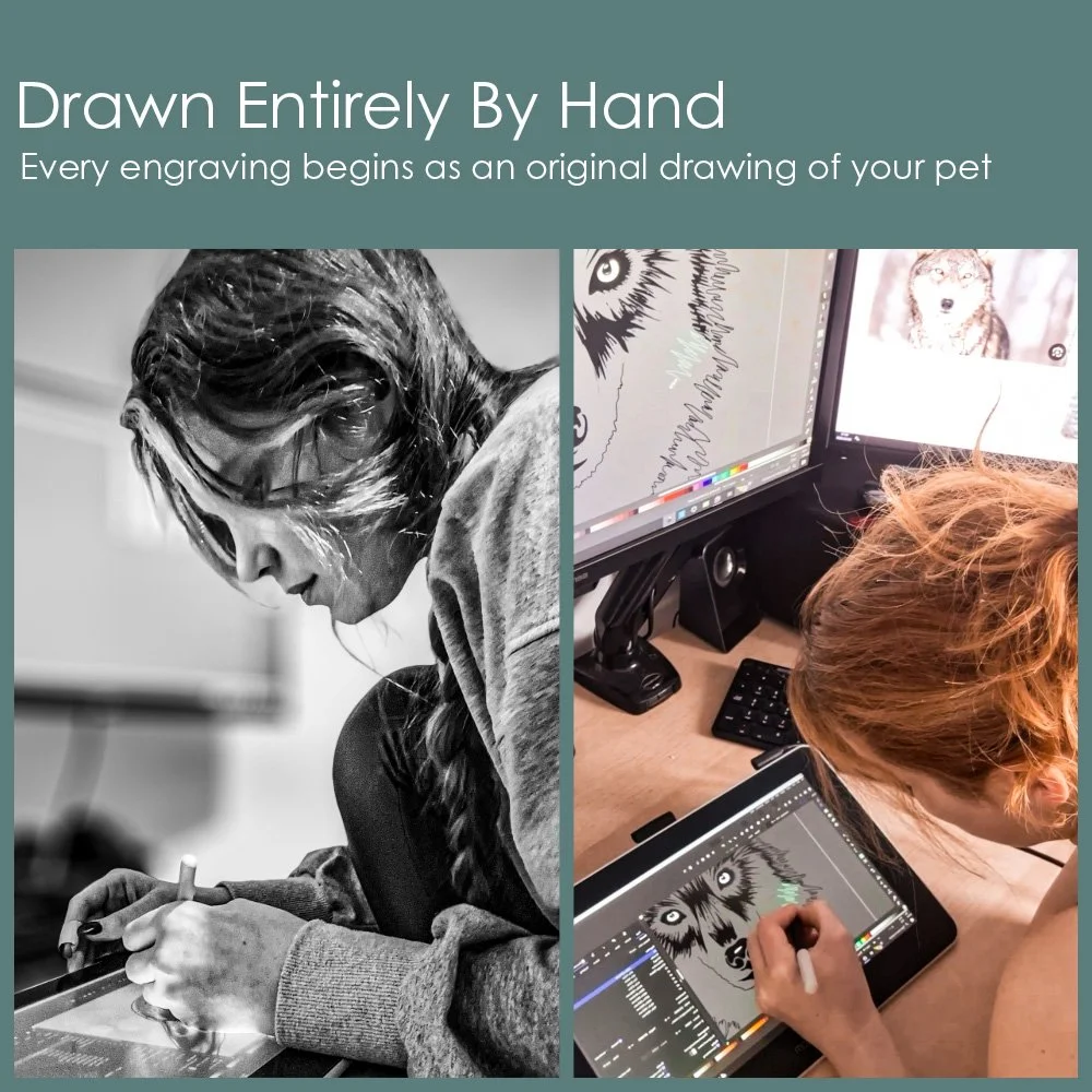An infographic showing two images of a woman hand drawing pet portraits on a digital tablet. Text indicates that every engraving starts with her drawing an image of 'your pet entirely by hand'.