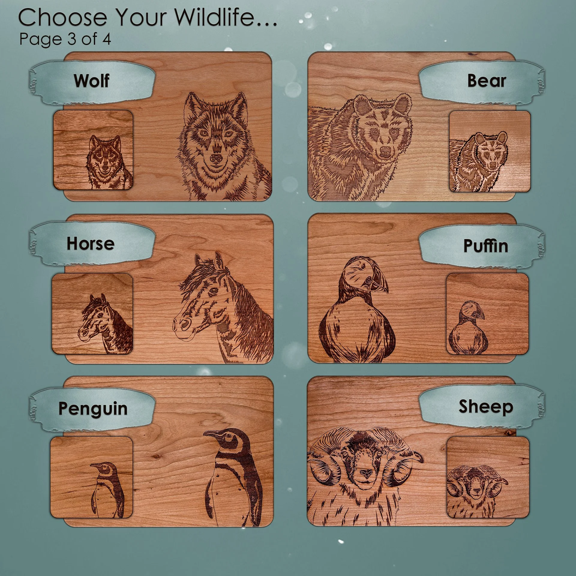 Page 3 of 4 of original engraved animal illustrations. Included here: wolf, bear, horse, puffin, penguin, sheep.