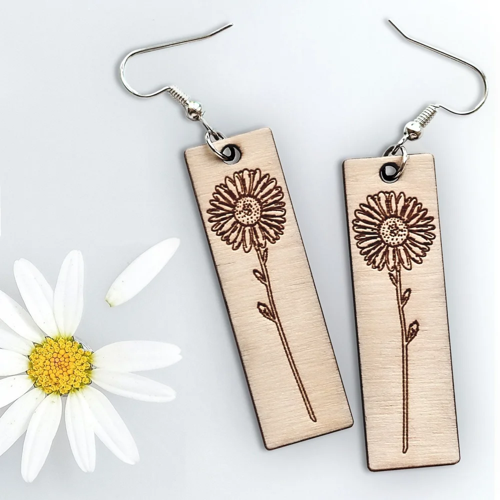 Birth Flower Earrings Engraved Wood Earrings, Gift Box Card