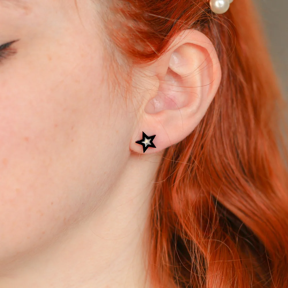 Silver Black Star Stud Earrings Celestial Earrings Gift Box