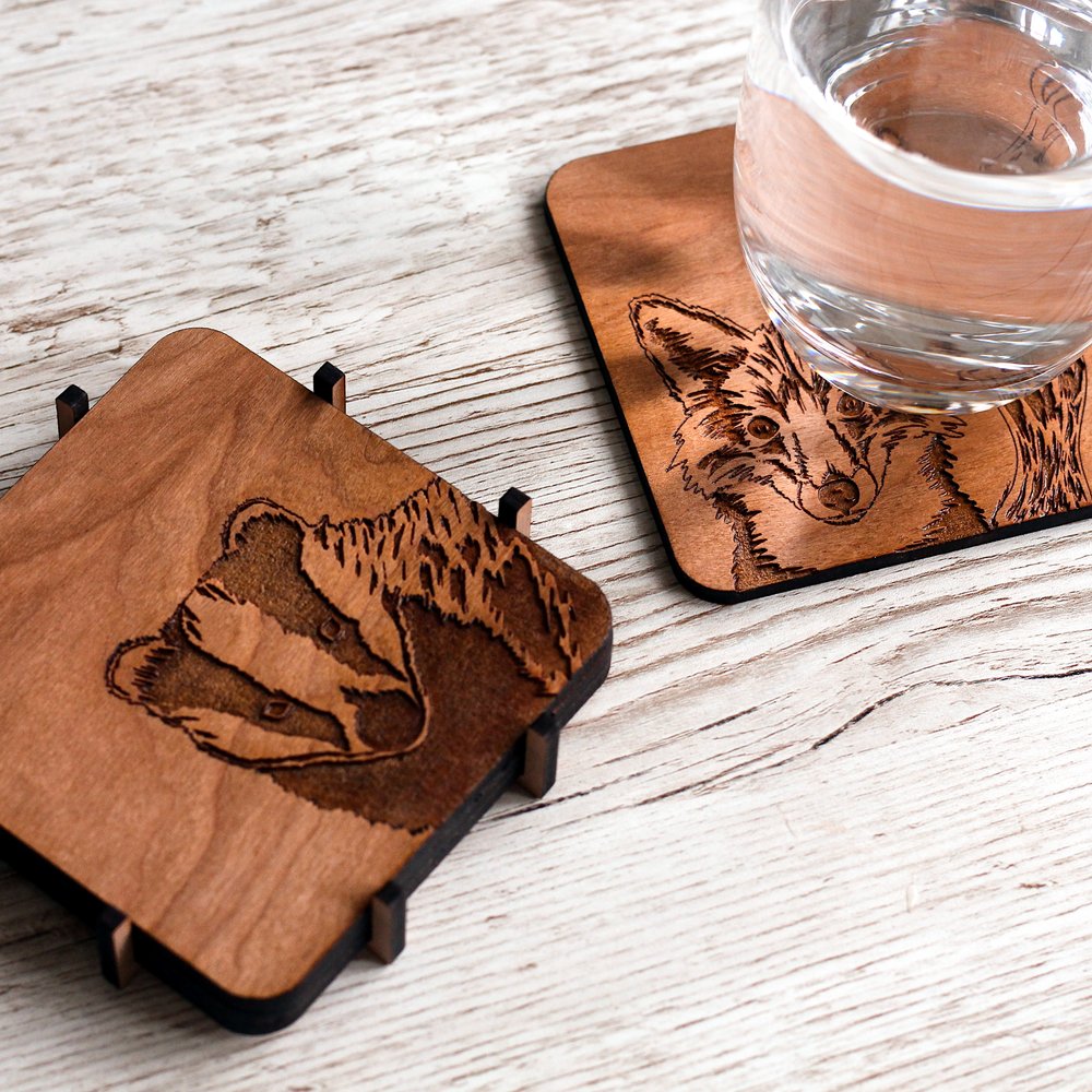 Engraved Cherry Wood Animal Drawings Coaster Set with Holder — Greenwood  Gifted