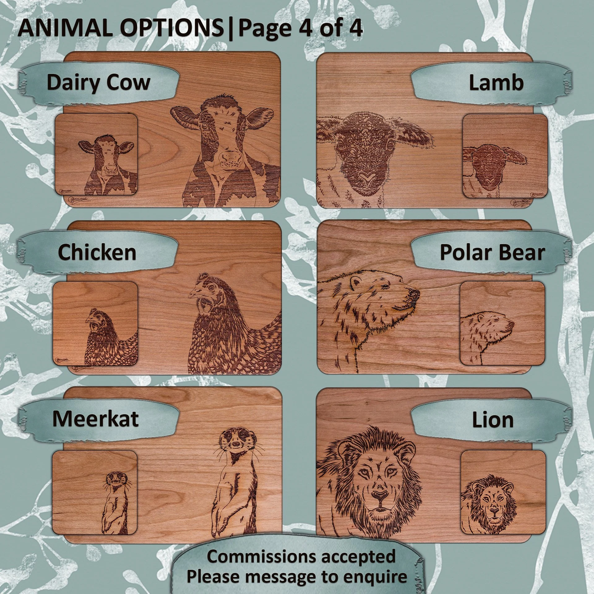 Page 4 of 4 of original engraved animal illustrations. Included here: diary cow (Friesian), lamb, chicken, polar bear, meerkat, lion. Commissions also welcomed, contact directly to enquire.