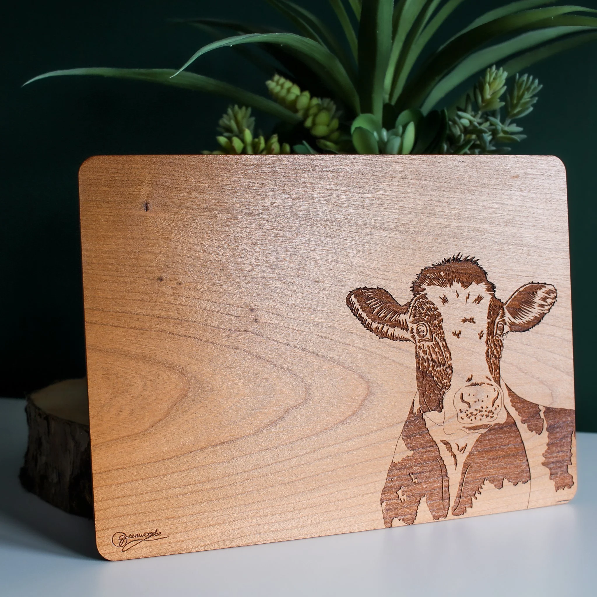Engraved wooden placemat with hand drawn friesian cow illustration on right hand side and makers mark engraved on lower left corner. Displayed upright against plant on dark green backdrop.