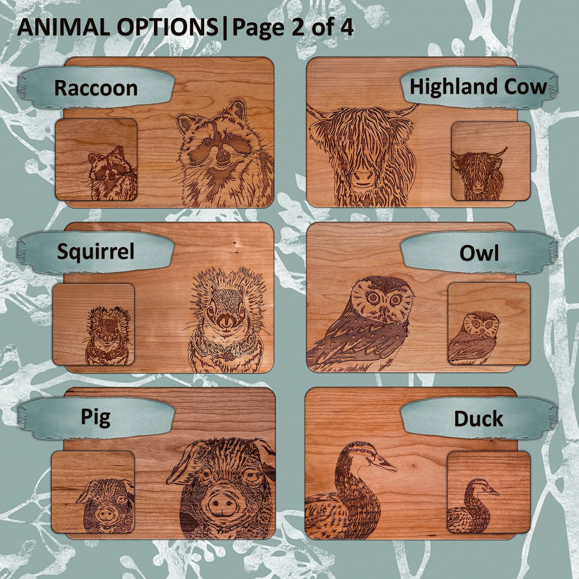 Page 2 of 4 of original engraved animal illustrations. An additional 6 of 18 different designs are shown on this page. Animals here include: raccoon, highland cow, squirrel, owl, pig, duck.