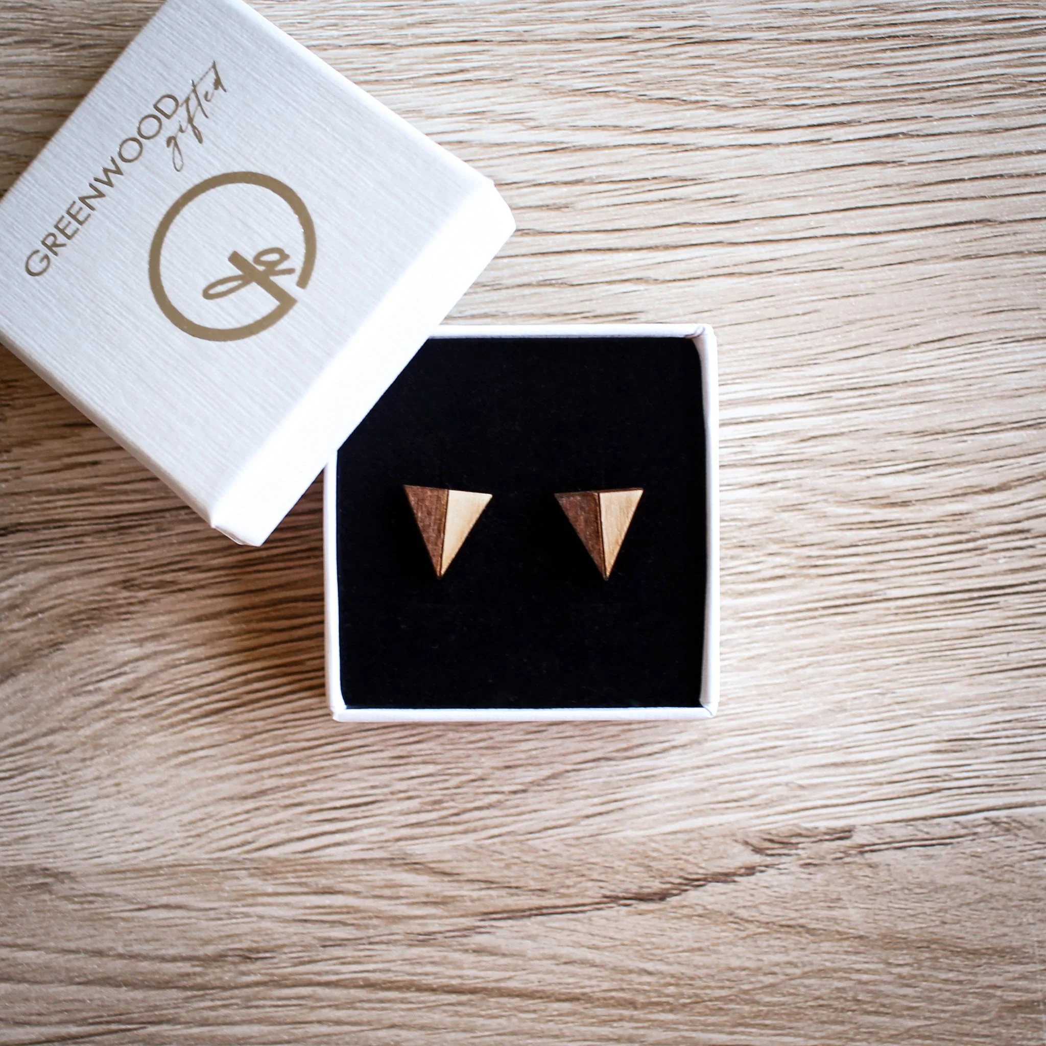 Modern, geometric earrings in a gift box. The gift box is square and white, and the triangle stud earrings sit inside on a white pillow. The box is displayed on wood.