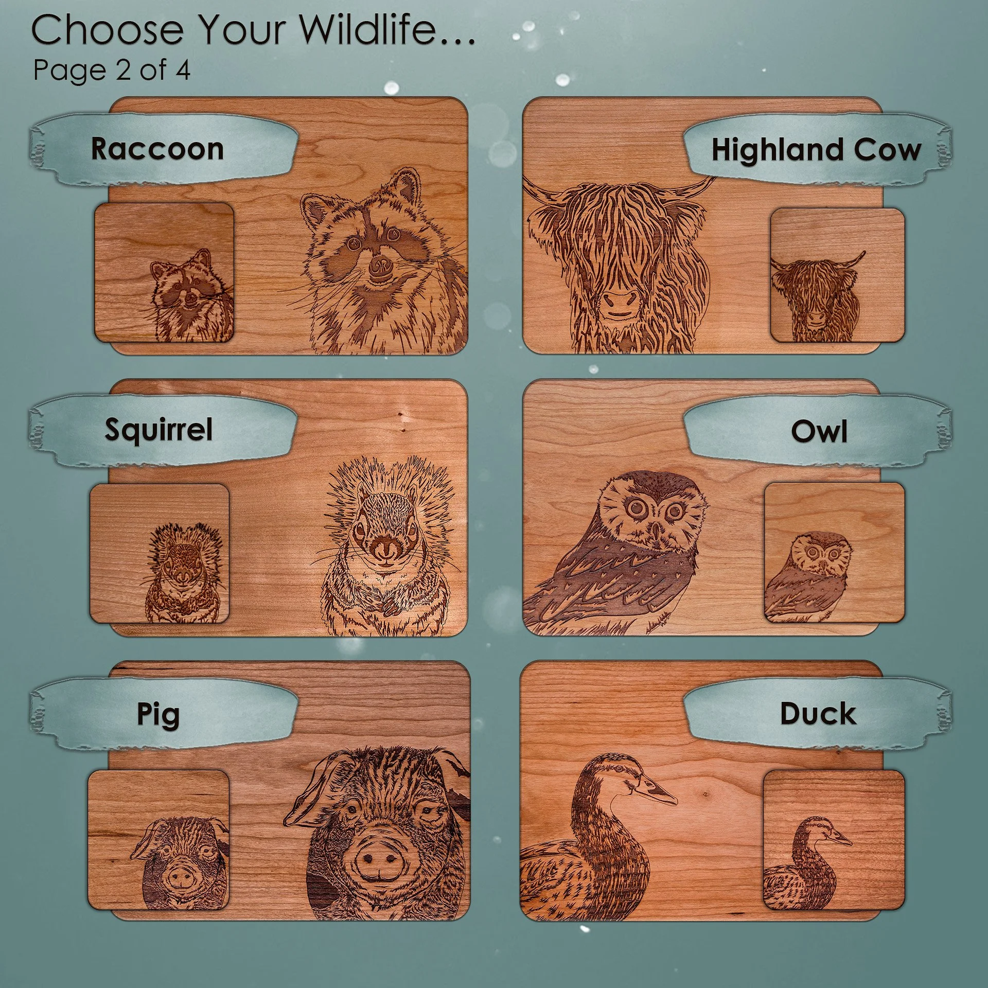 Page 2 of 4 of original engraved animal illustrations. An additional 6 of 18 different designs are shown on this page. Animals here include: raccoon, highland cow, squirrel, owl, pig, duck.