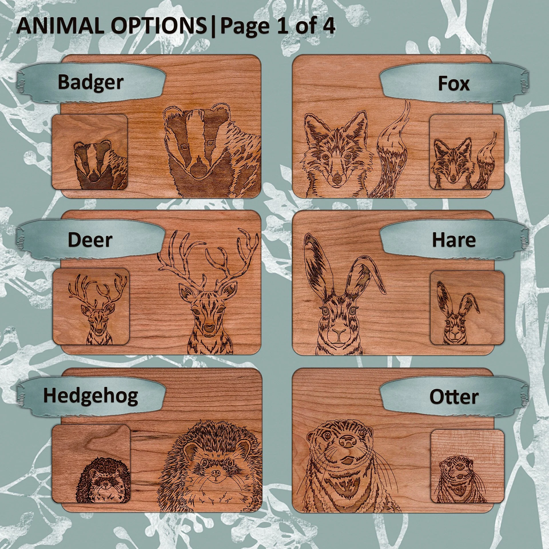 Page 1 of 4 of original engraved animal illustrations. Mix and match to curate your set. 6 animal placemat and coaster designs are shown: badger, fox, deer, hare, hedgehog, otter.