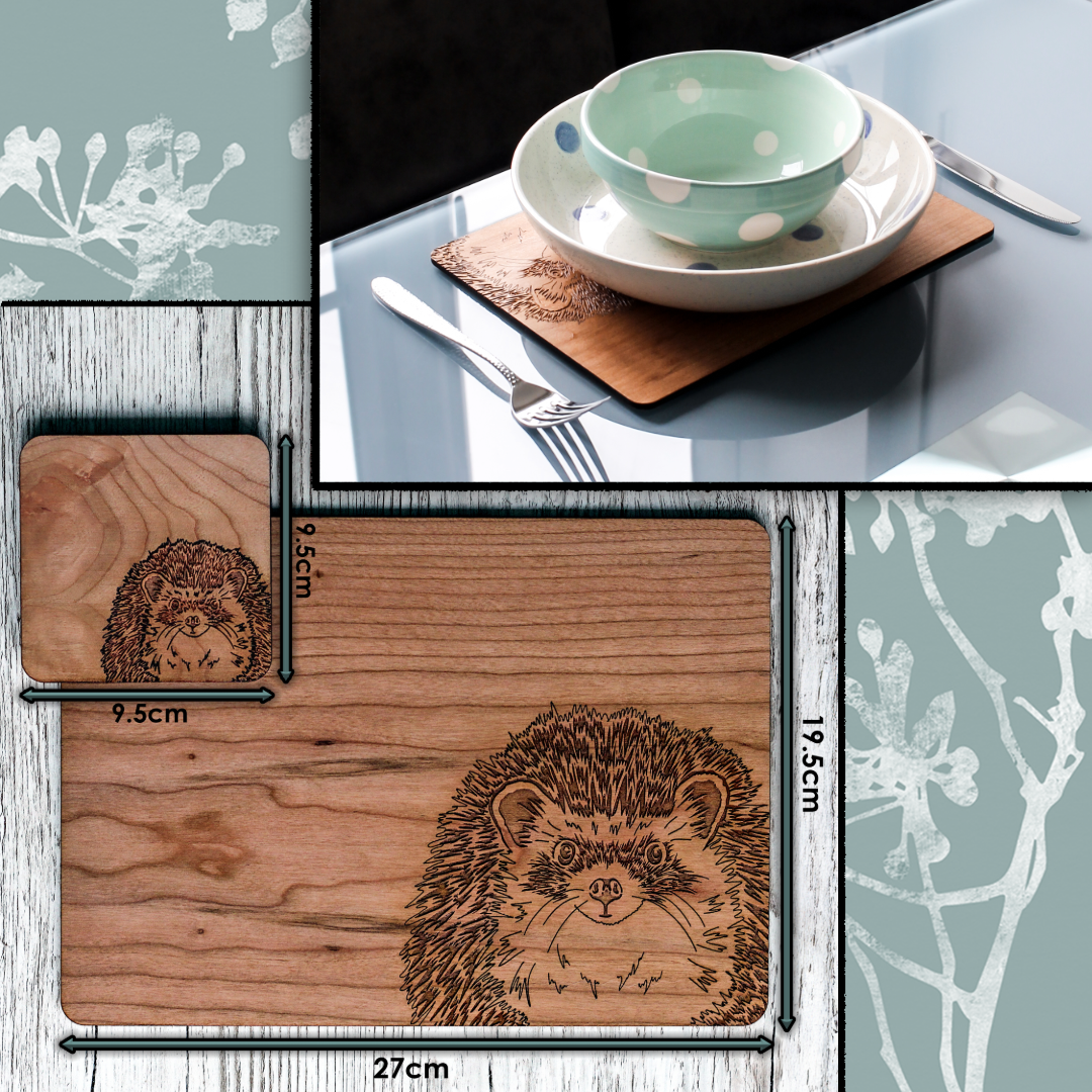 Dimensions of placemat: 27cm x 19.5cm. Coaster 9.5cm x 9.5cm. Shown in table setting, ideal for normal everyday use.