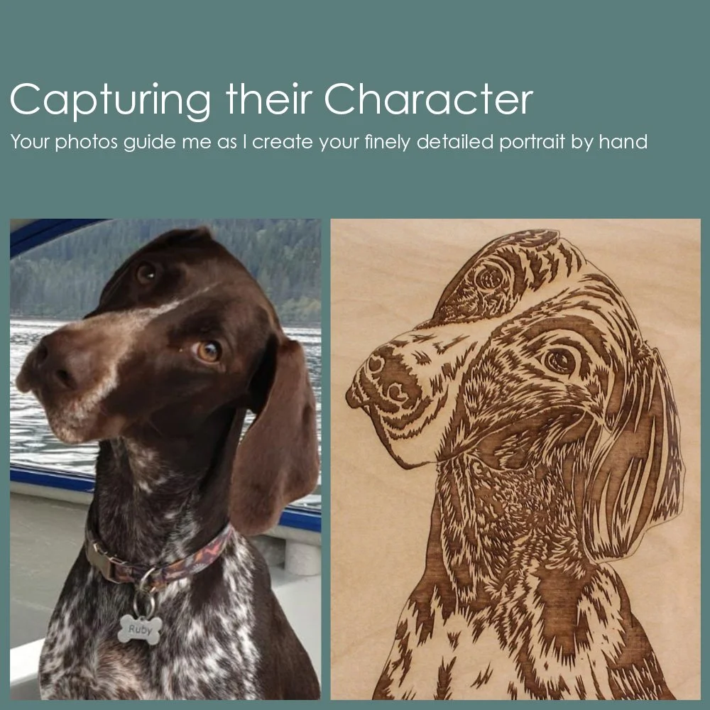 Showing a wooden pet portrait and reference photo. The side by side displays the artists commitment & ability to capture character along with their style as they draw by hand.