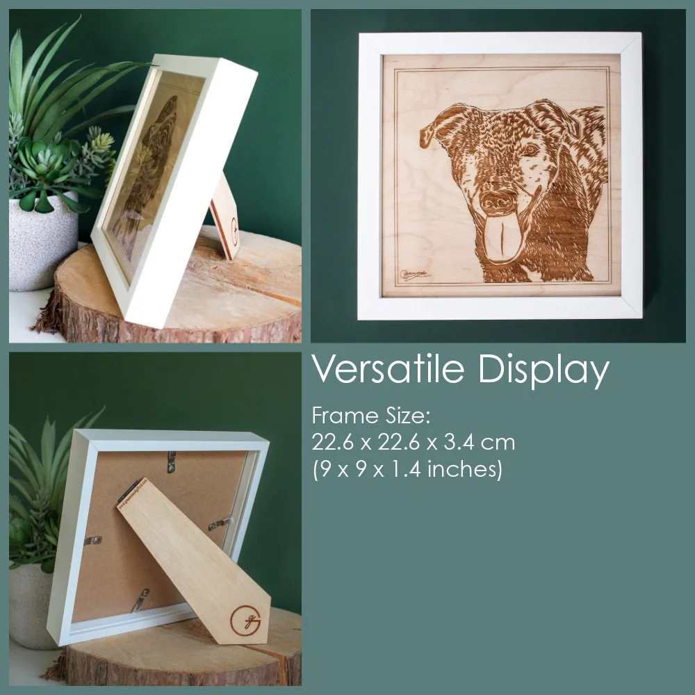This shows the pet portrait frame in various positions indicating its versatility: on the wall, freestanding side, back shot showing wooden kickstand. Frame dimensions: 22.6x22.6x3.4cm (9"x9"x1.4")
